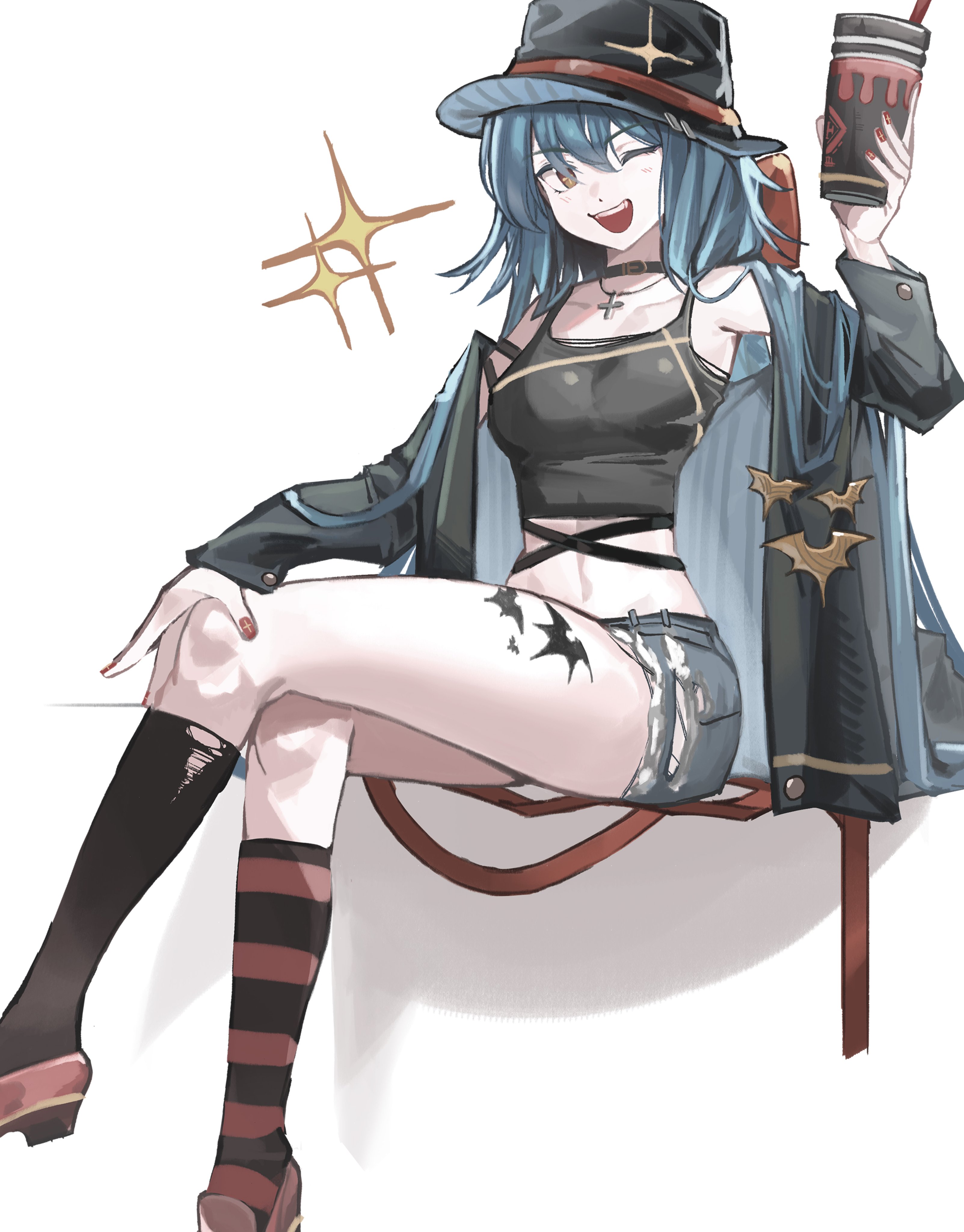 rtgg, bianca (black survival), black survival, eternal return: black survival, absurdres, highres, 1girl, :d, asymmetrical legwear, bare shoulders, bat ornament, bat tattoo, black choker, black hat, black jacket, black socks, black tank top, blue hair, bow, breasts, choker, collarbone, cross, cross-shaped pupils, cross necklace, cup, denim, denim shorts, hair bow, hair over one eye, hand on own knee, hat, holding, holding cup, jacket, jewelry, large breasts, leg tattoo, light blush, long hair, looking at viewer, midriff, mismatched legwear, nail polish, necklace, off shoulder, one eye closed, open mouth, red bow, red eyes, red nails, red shoes, red socks, shoes, shorts, simple background, sitting, smile, socks, solo, sparkle, striped clothes, striped socks, symbol-shaped pupils, tank top, tattoo, teeth, torn clothes, torn shorts, torn socks, upper teeth only, white background