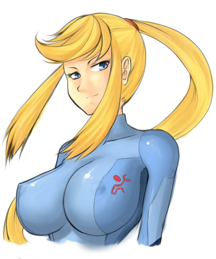 torathi, samus aran, metroid, nintendo, 1girl, blonde hair, blue eyes, bodysuit, breasts, covered erect nipples, female focus, large breasts, long hair, ponytail, smile, solo, zero suit