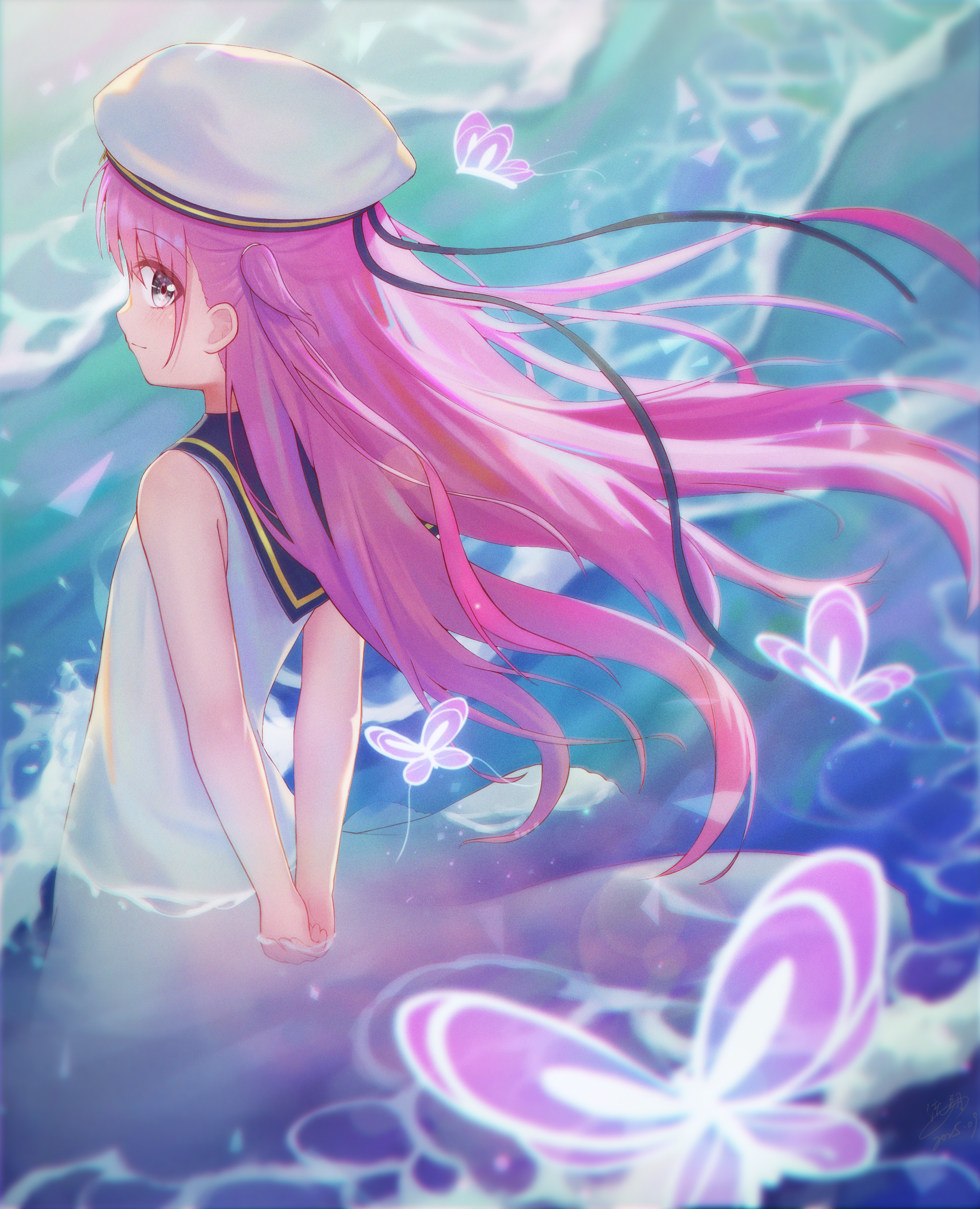 flowingcrescent, katou umi, summer pockets, absurdres, commentary, highres, 1girl, arms behind back, black ribbon, blue butterfly, blue sailor collar, blush, bug, butterfly, closed mouth, cowboy shot, day, dress, eyes visible through hair, film grain, floating hair, from behind, glowing butterfly, green eyes, hair between eyes, hat, hat ribbon, insect, interlocked fingers, long dress, long hair, long ribbon, looking at viewer, looking back, name connection, ocean, outdoors, own hands together, pink hair, ribbon, sailor collar, sailor dress, sailor hat, sideways glance, sleeveless, sleeveless dress, smile, solo, two side up, v arms, very long hair, wading, water, waves, white dress, white hat, wind