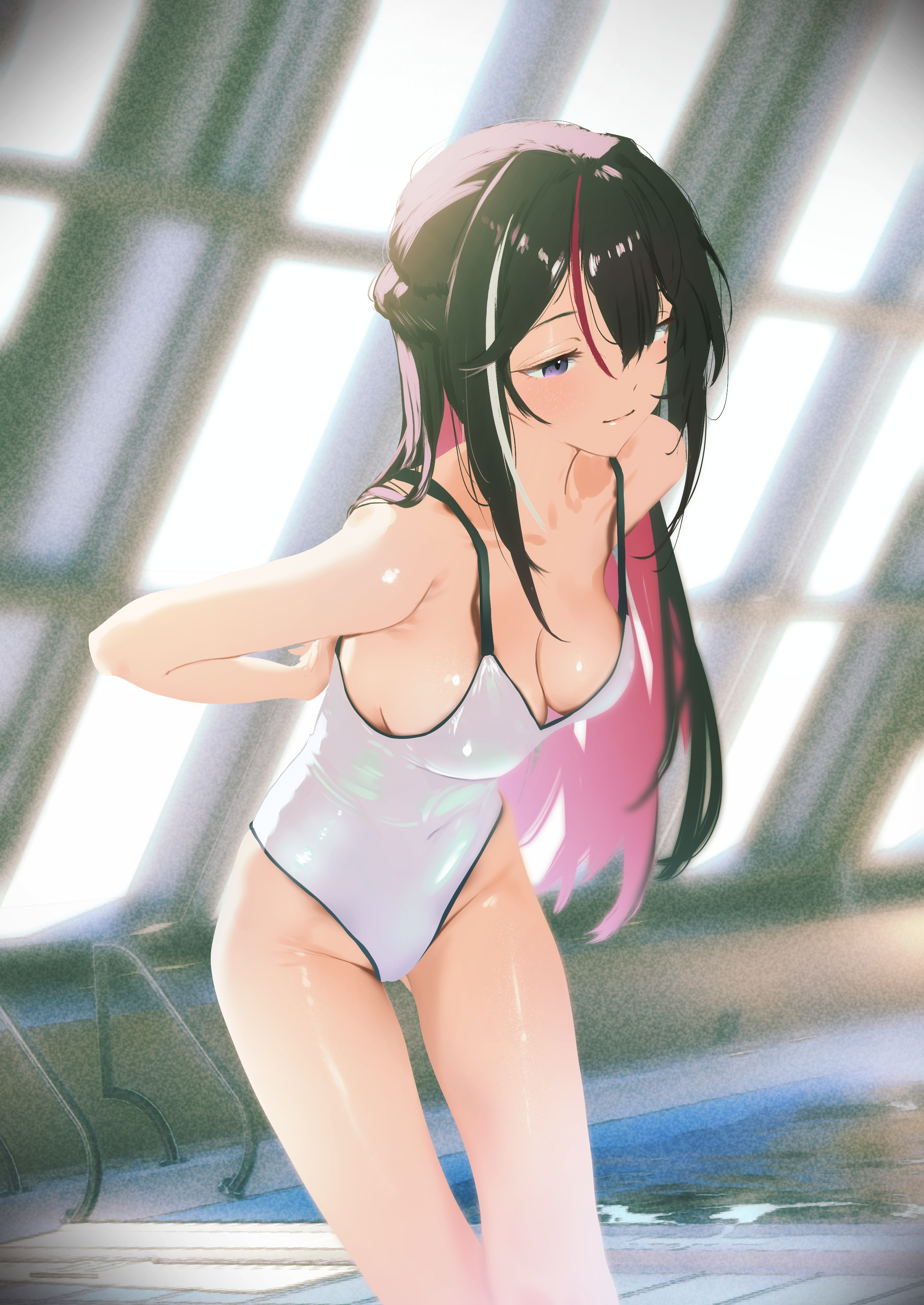 cohi27151463, azki (hololive), hololive, absurdres, highres, 1girl, black hair, blurry, blurry background, braid, breasts, cleavage, colored inner hair, covered navel, day, depth of field, double-parted bangs, hair intakes, hair ornament, hairclip, half up braid, indoors, large breasts, leaning forward, long hair, mole, mole under eye, multicolored hair, one-piece swimsuit, pink hair, purple eyes, rei no pool, sidelocks, solo, streaked hair, swimsuit, very long hair, virtual youtuber, white hair