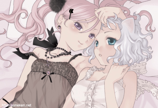 yonekura kengo, 2girls, animal ears, black vs white, cat ears, earrings, green eyes, hair ornament, hairpin, jewelry, long hair, lying, multiple girls, necklace, pink hair, purple hair, short hair, skull, smile, tareme, tsurime, wavy hair, white hair