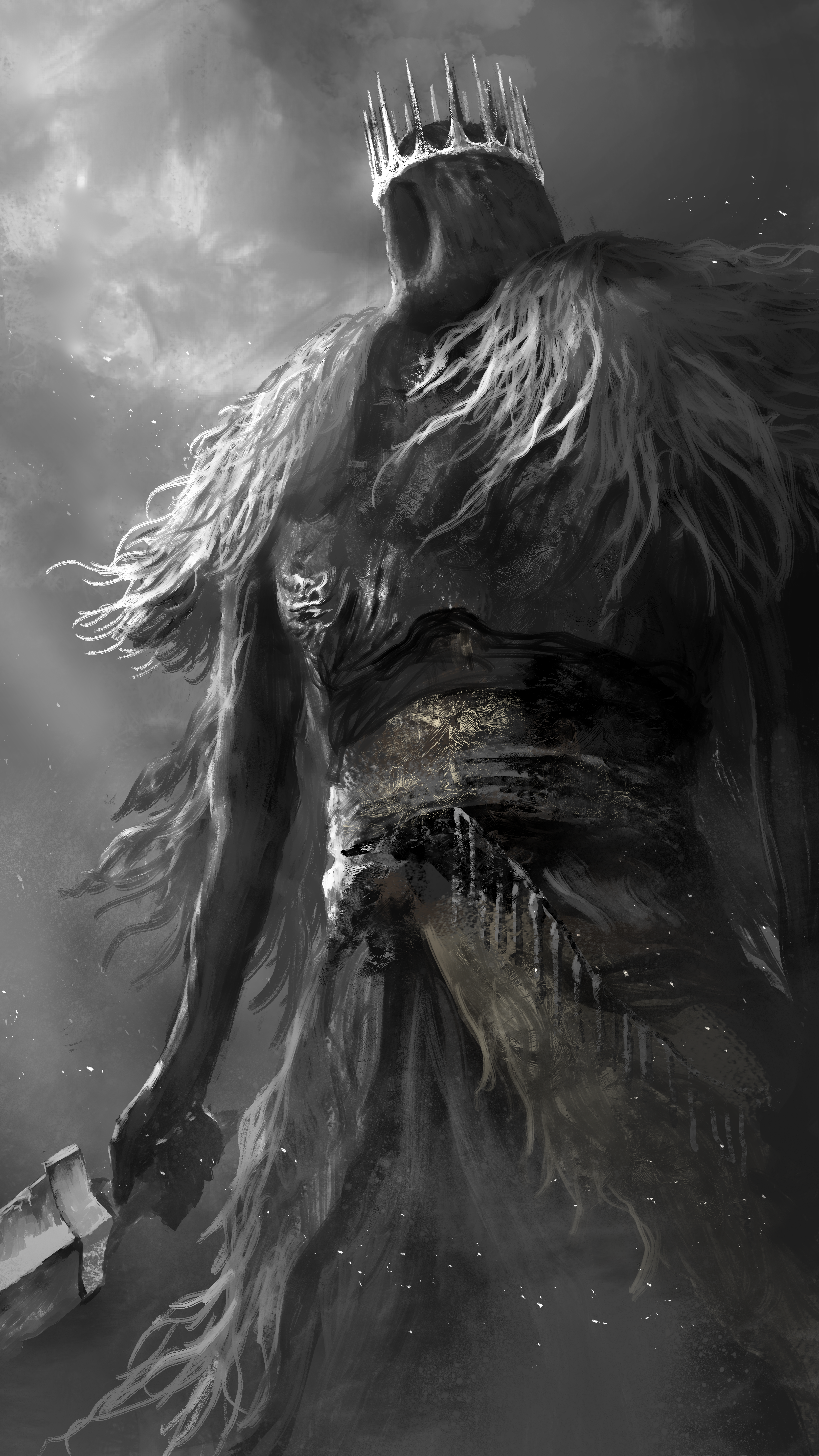 asaki (asaki vision), dark souls (series), dark souls ii, absurdres, commentary request, highres, 1boy, crown, giant, grey sky, holding, holding sword, holding weapon, male focus, sky, solo, standing, sword, the giant lord, weapon