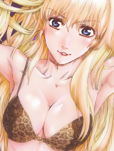 yoshijima ataru, sheryl nome, macross, macross frontier, 00s, 1girl, blonde hair, blue eyes, bra, breasts, cleavage, earrings, female focus, jewelry, large breasts, lingerie, long hair, solo, underwear