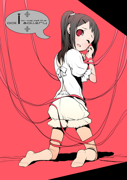 aoki shin, original, bad id, bad pixiv id, 1girl, bloomers, brown hair, feet, female focus, kneeling, one eye closed, red eyes, socks, solo, underwear, white bloomers, wink