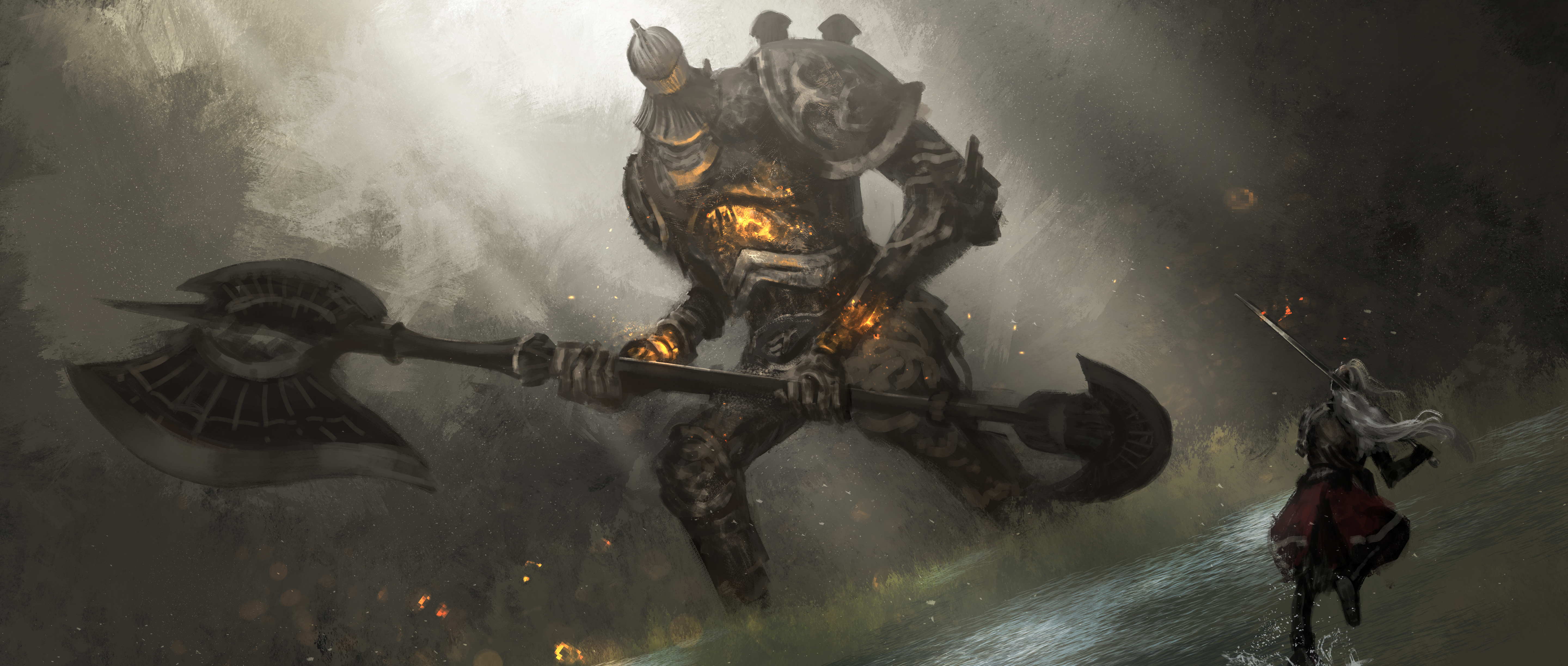 asaki (asaki vision), bloody wolf (elden ring), golem (elden ring), tarnished (elden ring), elden ring, absurdres, commentary request, highres, 2others, armor, axe, battle axe, full armor, giant, golem, holding, holding axe, holding sword, holding weapon, multiple others, on grass, outdoors, scenery, standing, sword, water, weapon