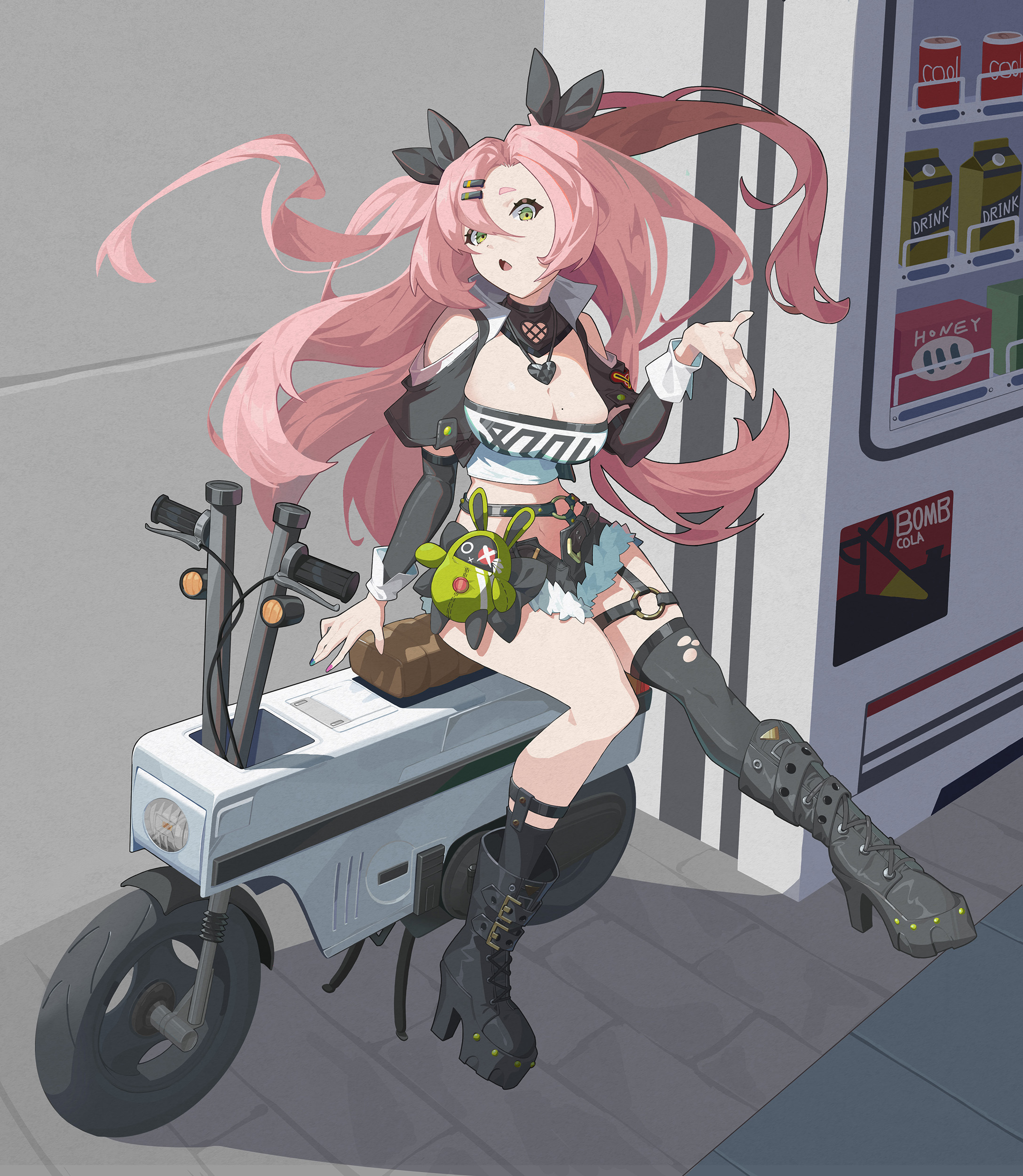 bangboo (zenless zone zero), nicole demara, zenless zone zero, absurdres, highres, 404 cougar, :o, bare shoulders, belt, black boots, black bow, black sleeves, black thighhighs, boots, bow, breasts, cleavage, detached sleeves, full body, green eyes, hair between eyes, hair ornament, hairpin, heart, heart necklace, jewelry, large breasts, long hair, long sleeves, micro shorts, mole, mole on breast, multicolored nails, necklace, open mouth, pink hair, shorts, sitting, sleeveless, strapless, thighhighs, torn clothes, torn thighhighs, tube top