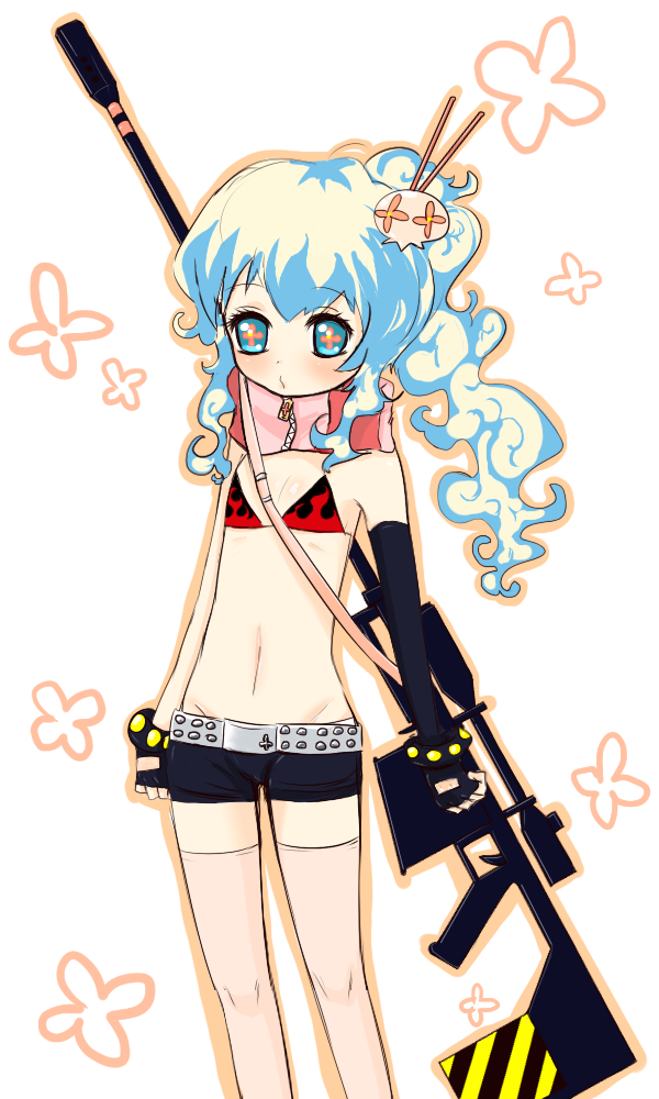 orange coffee, nia teppelin, yoko littner, tengen toppa gurren lagann, bad id, bad pixiv id, 1girl, bikini, bikini top only, blush, cosplay, female focus, flat chest, gun, long hair, rifle, scarf, short shorts, shorts, solo, swimsuit, thighhighs, weapon, yoko littner (cosplay)