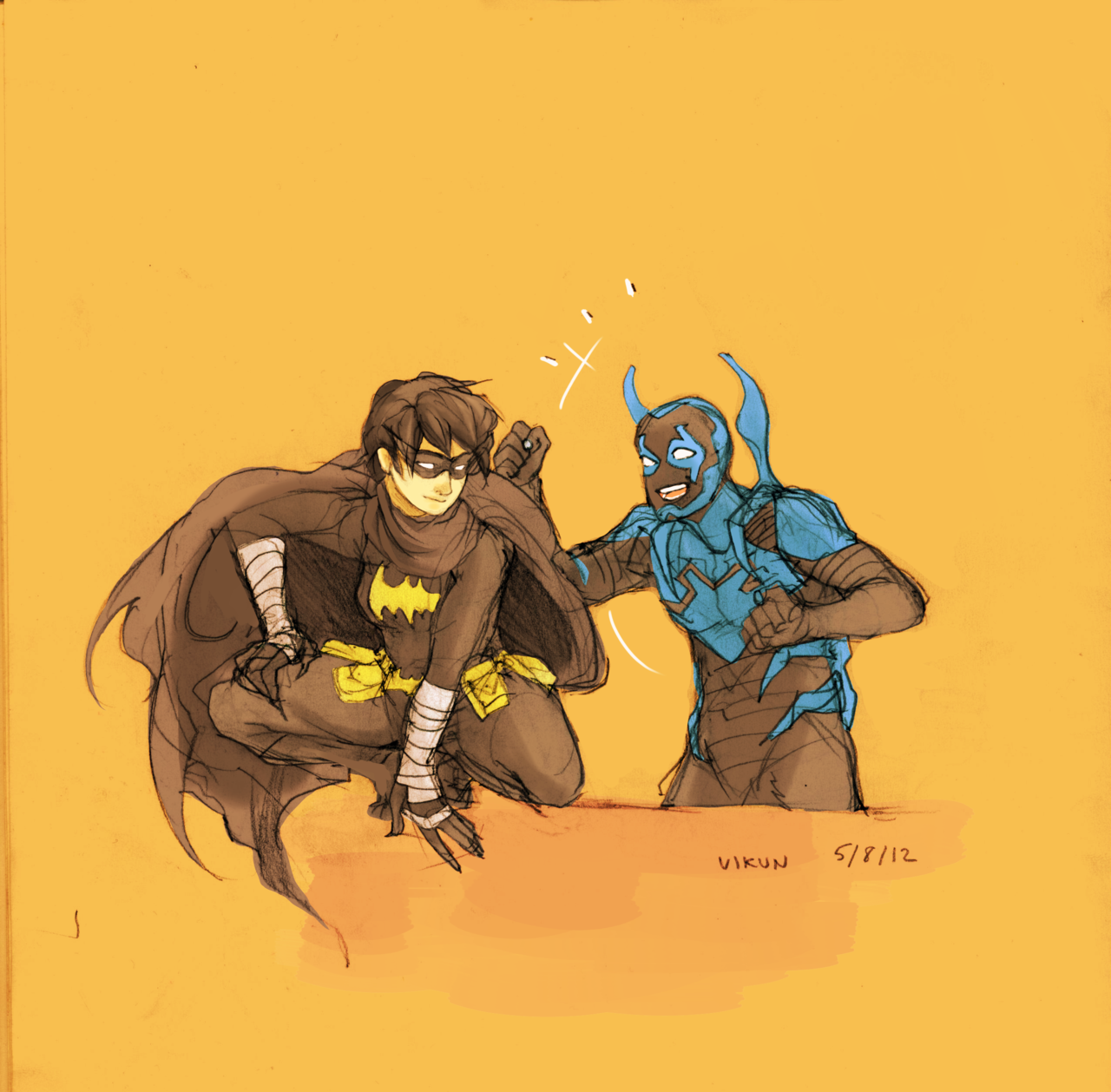 black bat, blue beetle, cassandra cain, jaime reyes, dc comics, highres, 1boy, 1girl, clenched hands, friends, happy, raised fist, simple background, smile, superhero costume, upper body, vikun