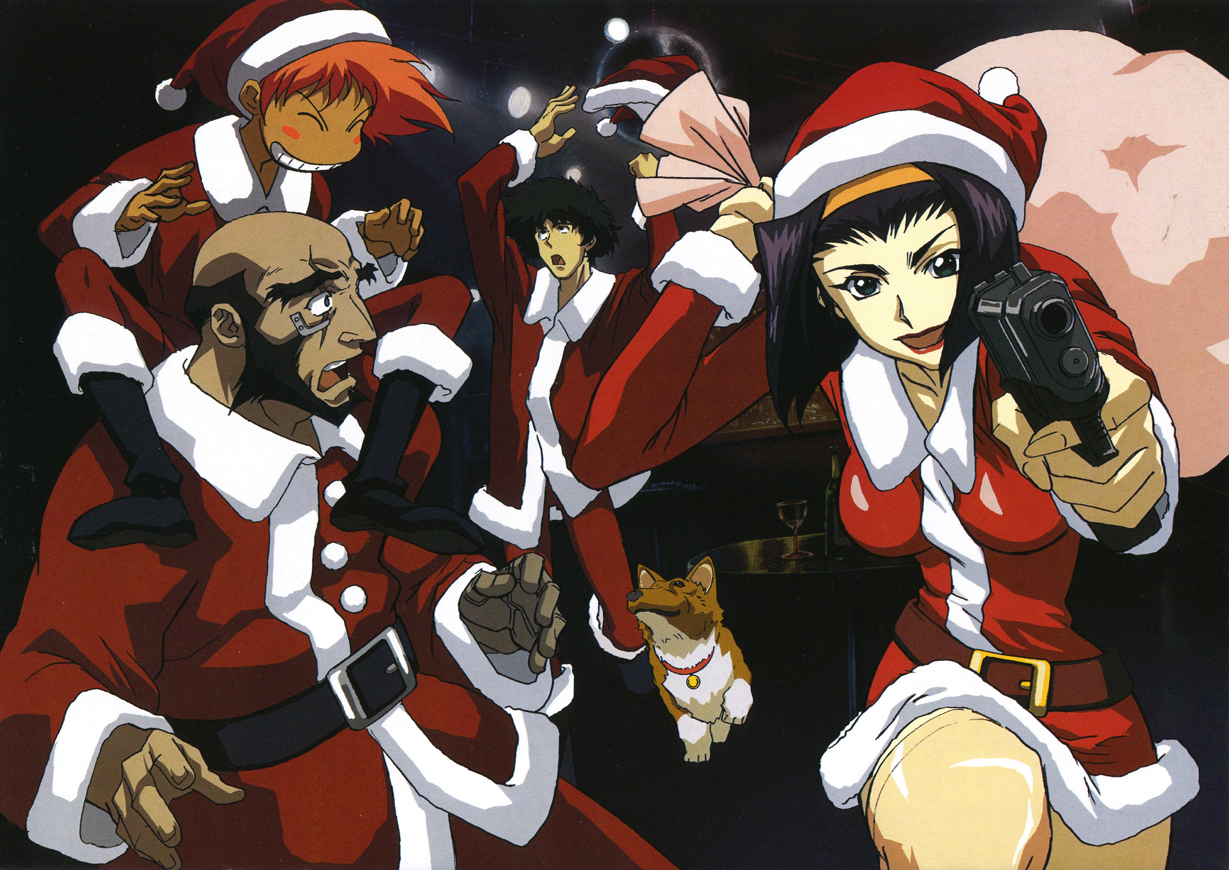 edward wong hau pepelu tivrusky iv, ein (cowboy bebop), faye valentine, jet black, spike spiegel, cowboy bebop, highres, official art, 1990s (style), 2boys, 2girls, bag, beard, belt, blue eyes, blush, blush stickers, boots, christmas, dog, facial hair, fur trim, gun, hairband, handgun, hat, headband, lipstick, makeup, multiple boys, multiple girls, orange hair, pants, pistol, purple hair, red pants, red shirt, running, sack, santa costume, santa hat, scar, shirt, smile, weapon, welsh corgi