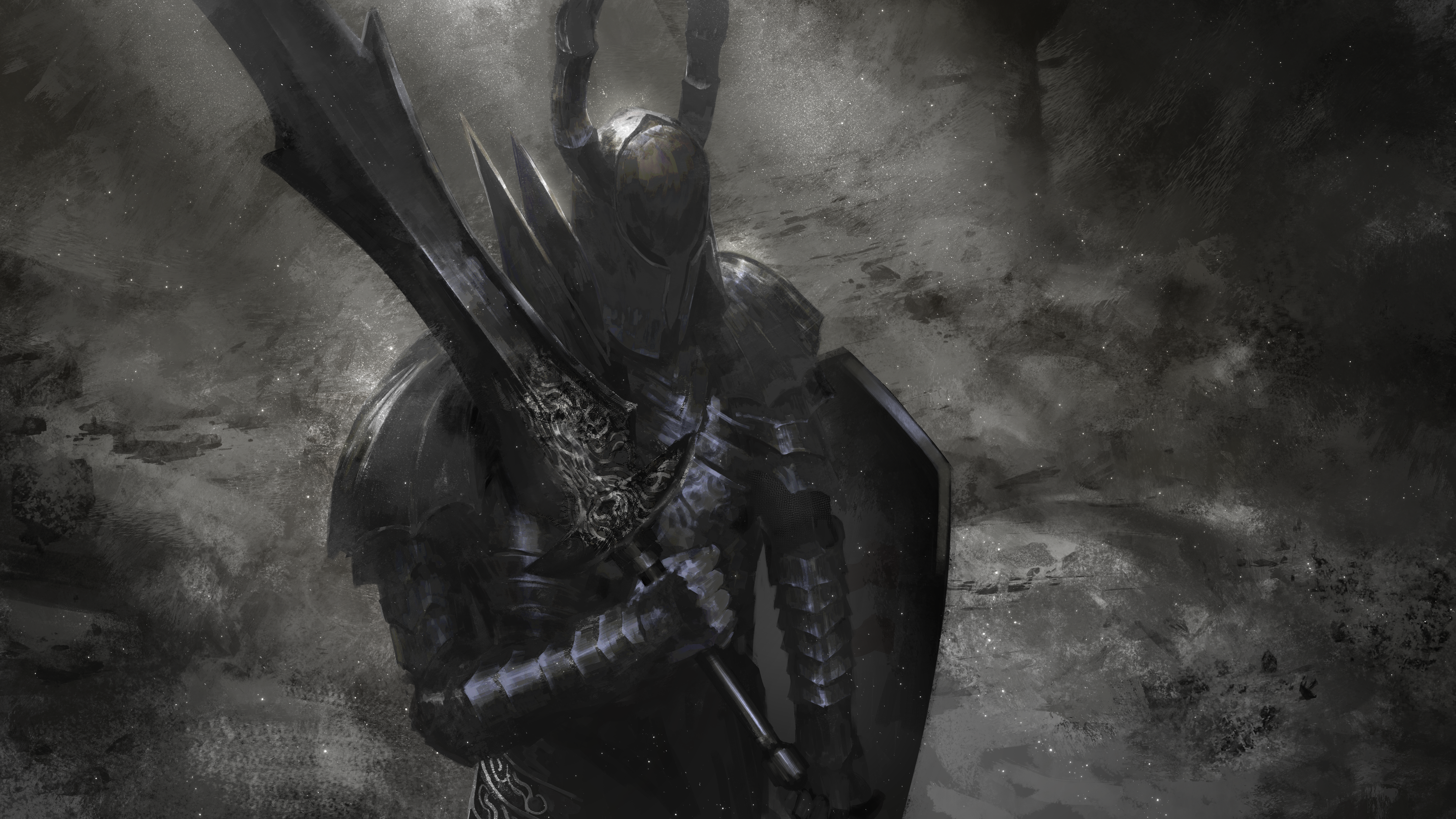 asaki (asaki vision), black knight (dark souls), dark souls (series), dark souls i, absurdres, commentary request, highres, armor, black background, breastplate, fake horns, full armor, gauntlets, greatsword, helmet, holding, holding shield, holding sword, holding weapon, horned helmet, horns, pauldrons, shield, shoulder armor, standing, sword, weapon