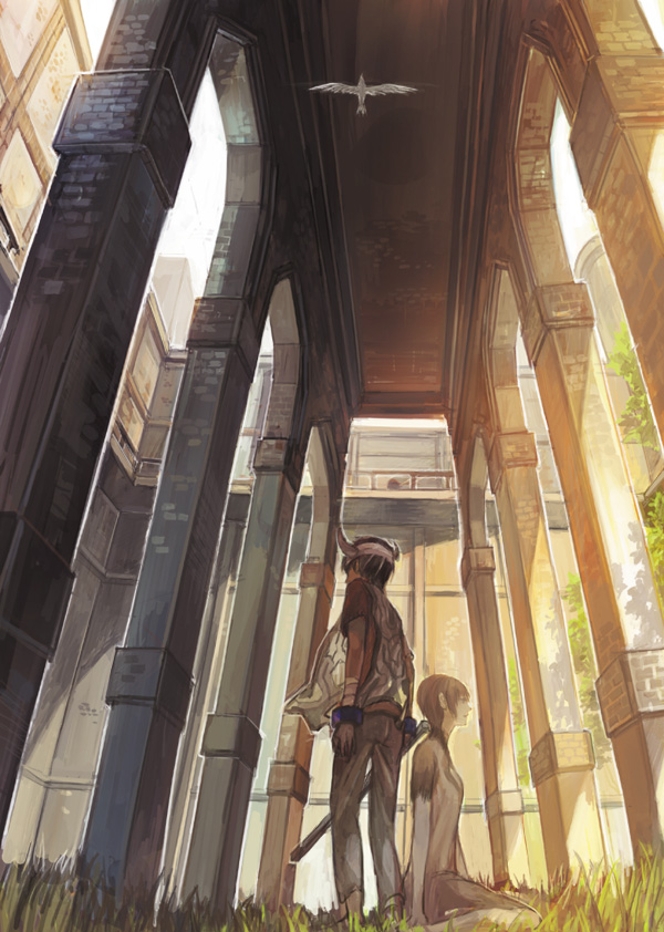 sime (echo), ico (character), yorda, ico, md5 mismatch, 1boy, 1girl, bird, foreshortening, grass, headband, kneeling, short hair, sunlight, surcoat, sword, tabard, weapon
