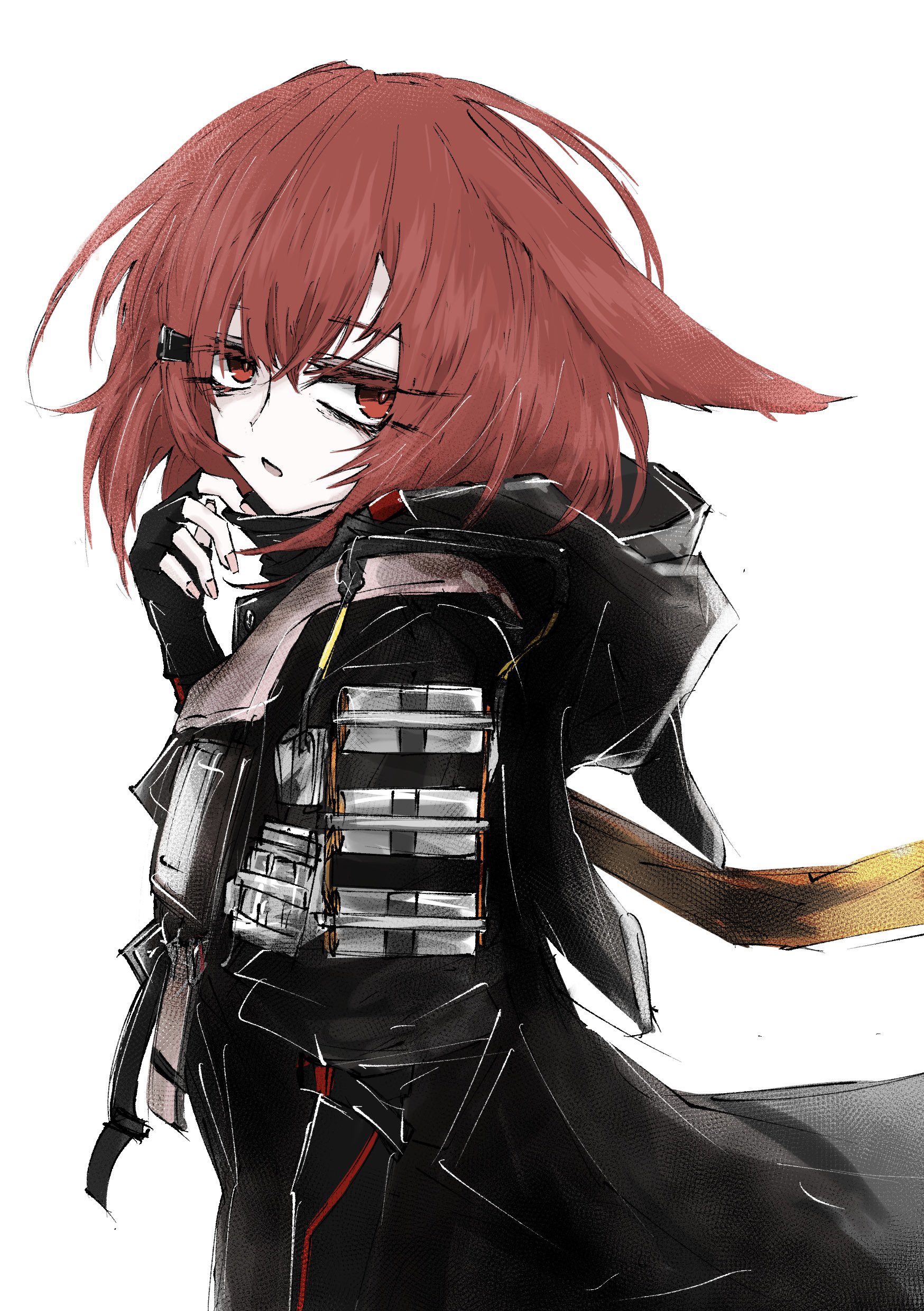 aizettonagi, crownslayer (arknights), arknights, absurdres, commentary, highres, 1girl, black coat, black gloves, coat, fingerless gloves, fingernails, gloves, hair between eyes, hair ornament, hairclip, hood, hood down, hooded coat, looking at viewer, one-hour drawing challenge, parted lips, red eyes, red hair, short hair, simple background, solo, white background