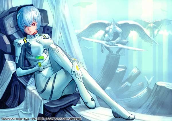 sugiura yoshio, ayanami rei, mass production eva, neon genesis evangelion, official art, blue hair, crossed legs, double blade, entry plug, gainaxtop, interface headset (evangelion), mecha pilot suit, plugsuit (evangelion), red eyes, short hair, sitting, solo