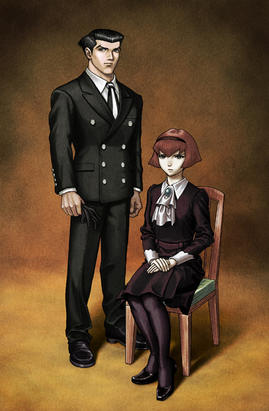 ug (ugg), r dorothy wayneright, roger smith, the big o, bad id, bad pixiv id, 1boy, 1girl, bob cut, brown hair, chair, dress, formal clothes, gloves, hairband, holding, holding gloves, holding unworn clothes, on chair, pale skin, pantyhose, red hair, short hair, sitting, suit, unworn gloves