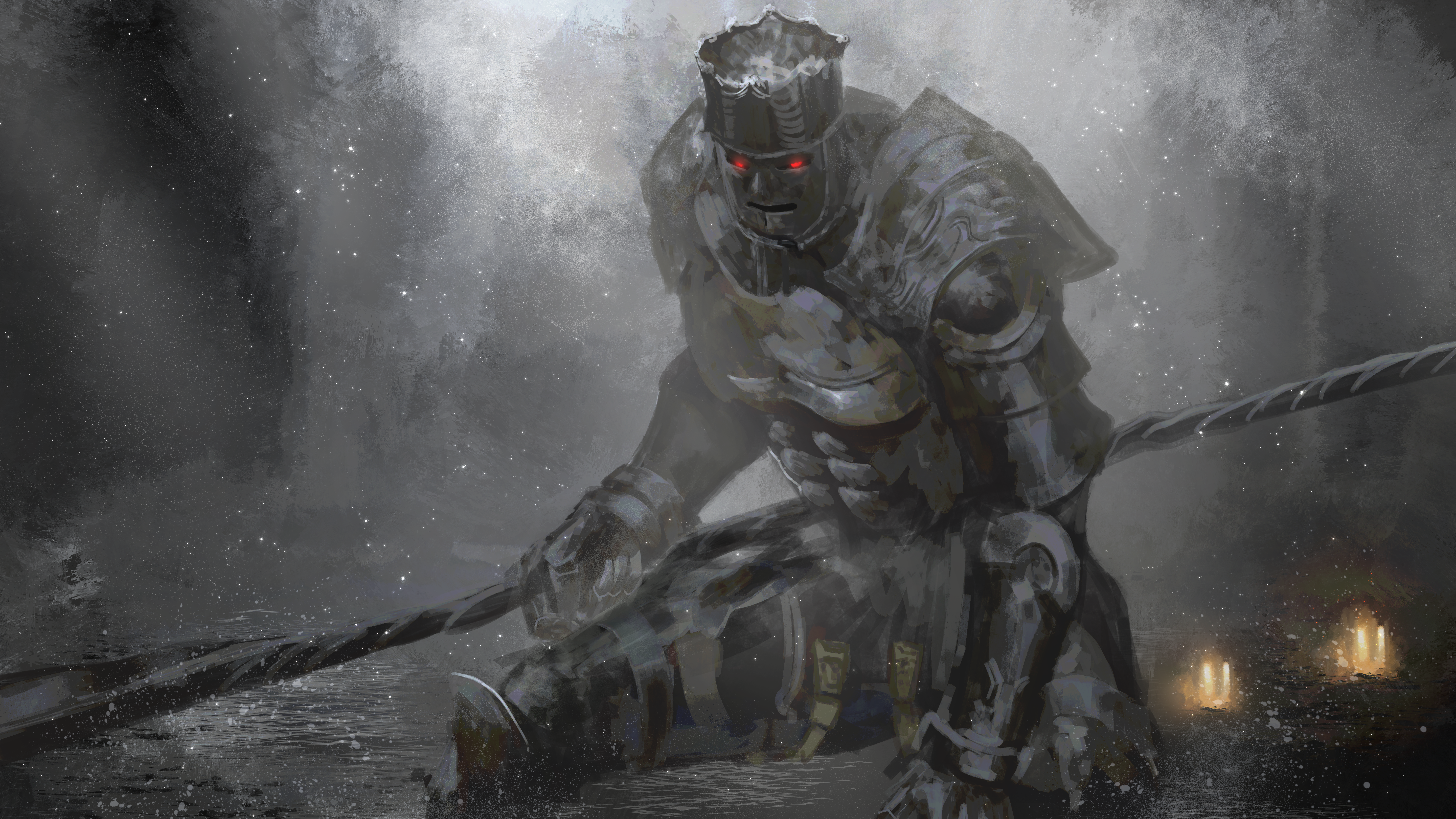 asaki (asaki vision), dark souls (series), dark souls iii, absurdres, commentary request, highres, 1boy, armor, ashes, candle, champion gundyr, full armor, glaive (polearm), glowing, glowing eyes, helm, helmet, holding, holding polearm, holding weapon, male focus, outdoors, polearm, red eyes, solo, standing, weapon