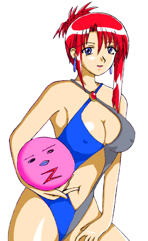 forte stollen, normad, broccoli (company), galaxy angel, lowres, non-web source, 00s, 1girl, ball, beachball, blue eyes, breasts, casual one-piece swimsuit, cleavage, covered erect nipples, female focus, large breasts, one-piece swimsuit, red hair, solo, swimsuit