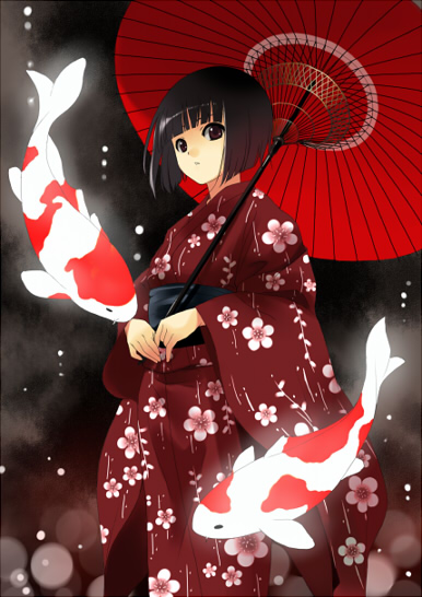 ryou (kimagure), original, bad id, bad pixiv id, 1girl, bob cut, brown eyes, brown hair, female focus, fish, japanese clothes, kimono, koi, oil-paper umbrella, parasol, short hair, solo, umbrella