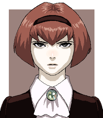 ug (ugg), r dorothy wayneright, the big o, bad id, bad pixiv id, lowres, 1girl, bob cut, brooch, brown hair, expressionless, female focus, grey eyes, hairband, jewelry, lips, looking at viewer, oekaki, pale skin, portrait, red hair, short hair, simple background, solo