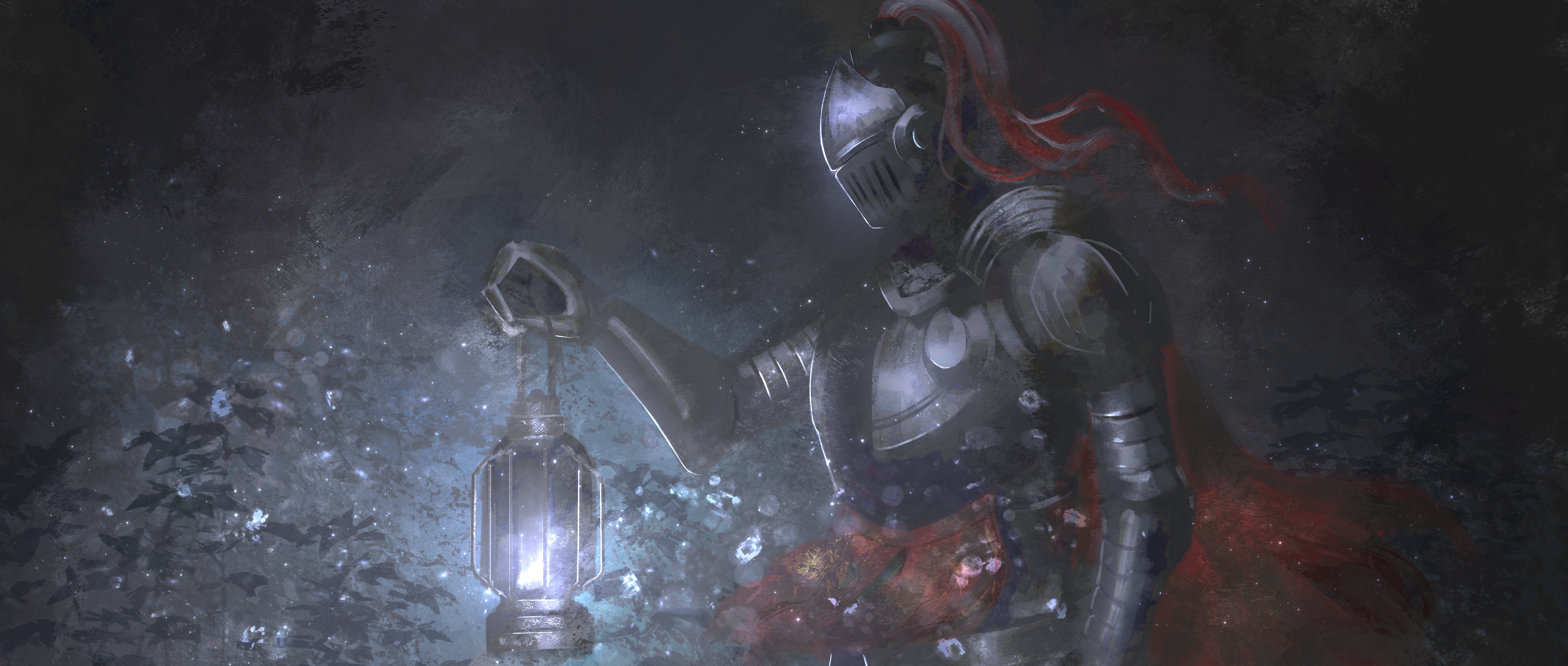 asaki (asaki vision), original, absurdres, commentary, english commentary, highres, 1other, armor, breastplate, flower, full armor, gauntlets, helm, helmet, holding, holding lantern, knight, lantern, pauldrons, plume, shoulder armor, standing