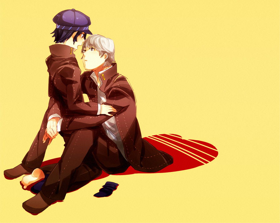 chiko, chiko (beroro), narukami yu, shirogane naoto, atlus, persona, persona 4, 1boy, 1girl, androgynous, barefoot, black hair, couple, eye contact, feet, gakuran, hat, hetero, kneeling, looking at another, newsboy cap, reverse trap, school uniform, serafuku, short hair, single sock, socks, soles, toes, tomboy