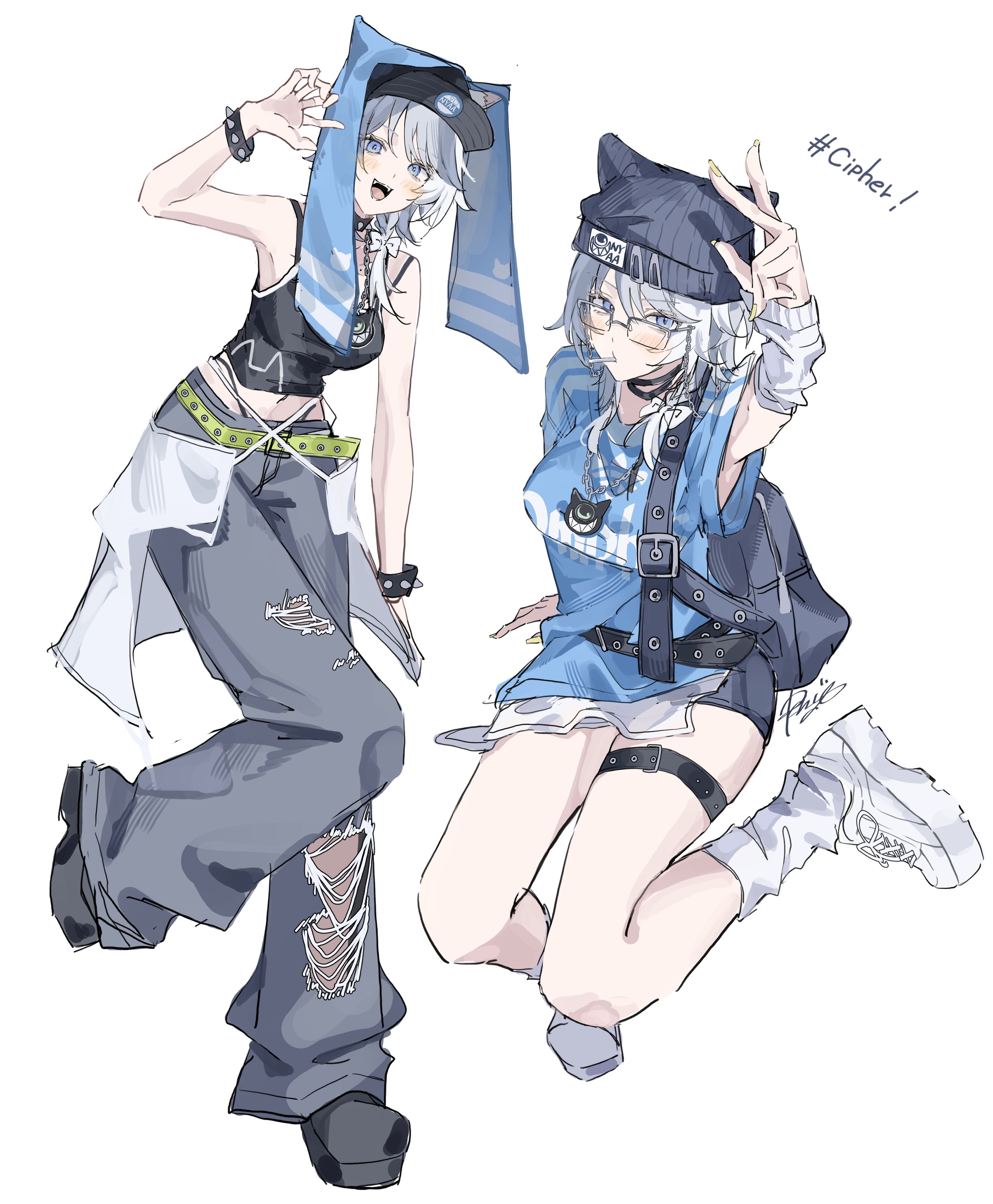 ren (renjiyu), cipher (honkai: star rail), honkai: star rail, honkai (series), absurdres, highres, 1girl, alternate costume, animal ears, bag, belt, black hat, black tank top, blue shirt, bow, bracelet, braid, breasts, candy, cat ears, cat girl, closed mouth, denim, fang, food, glasses, hat, jeans, jewelry, lollipop, medium breasts, multicolored hair, open mouth, pants, shirt, shoes, short shorts, shorts, shoulder bag, single braid, tank top, thigh strap, thighs, torn clothes, torn jeans, torn pants, two-tone hair, white background, white bow, yellow nails