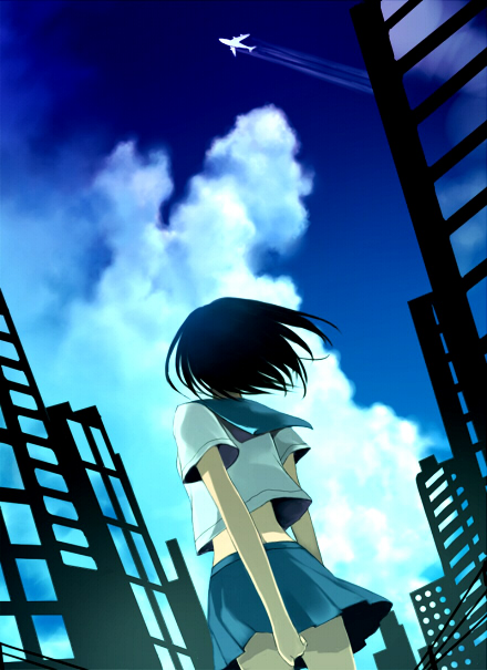 ryou (kimagure), original, bad id, bad pixiv id, 1girl, aircraft, airplane, black hair, building, city, cloud, day, female focus, midriff, school uniform, serafuku, short hair, skirt, sky, solo