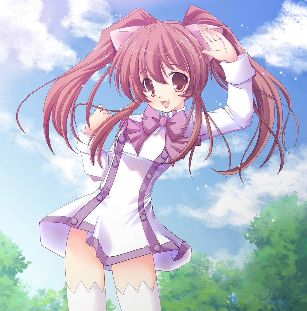 aloe, aloe (quiz magic academy), quiz magic academy, non-web source, 1girl, :d, animal ears, bow, bowtie, brown eyes, brown hair, cat ears, cloud, cloudy sky, day, dress, female focus, long hair, no panties, open mouth, school uniform, serafuku, sky, smile, solo, thighhighs, tree, twintails, waving, white dress, zettai ryouiki