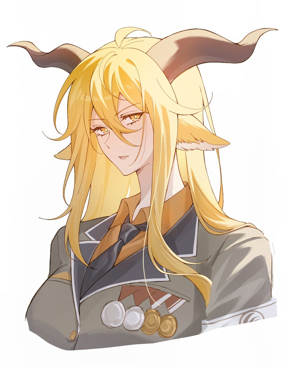 amo20839453, degenbrecher (arknights), arknights, commentary, highres, 1girl, ahoge, animal ears, blonde hair, bright pupils, brown horns, collared shirt, cropped shoulders, curled horns, grey jacket, hair between eyes, horns, jacket, lapels, long bangs, long hair, looking at viewer, parted lips, shirt, simple background, solo, white background, white pupils, yellow eyes, yellow shirt