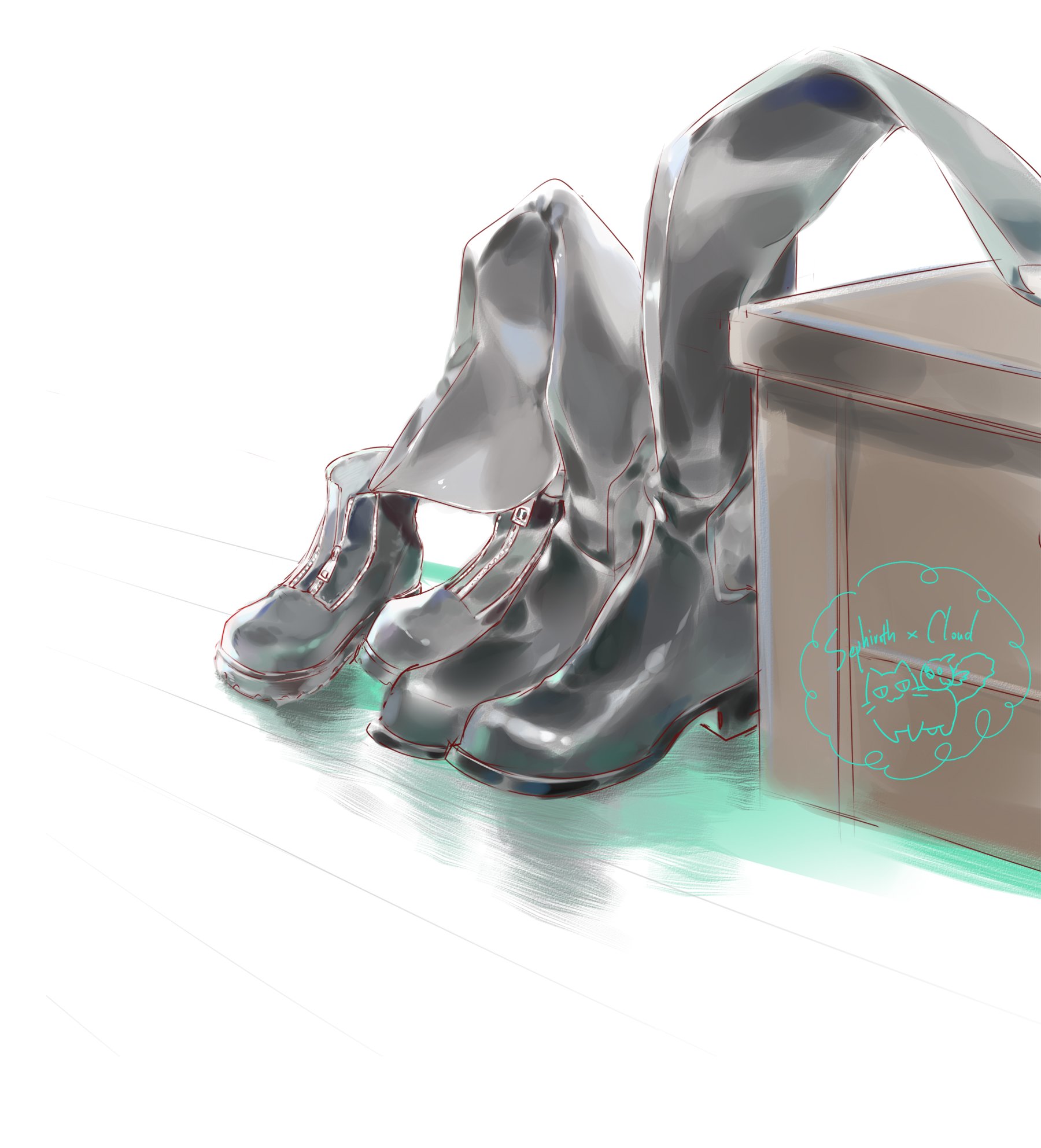 lydiaaa, cloud strife, sephiroth, final fantasy, final fantasy vii, final fantasy vii advent children, chinese commentary, commentary request, highres, :3, animalization, bird, black boots, boots, box, cat, character name, implied yaoi, knee boots, no humans, object focus, shadow, unworn boots