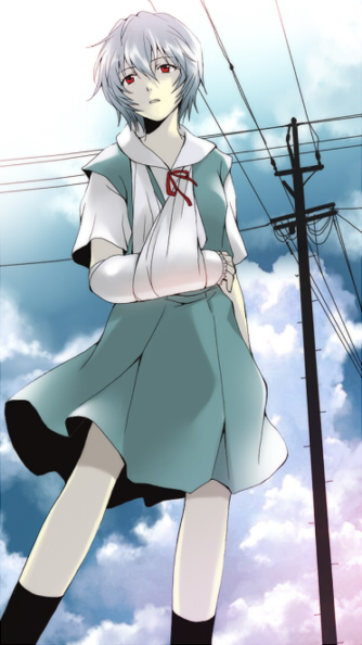 ryou (kimagure), ayanami rei, neon genesis evangelion, bad id, bad pixiv id, arm sling, bandages, blue hair, cast, day, power lines, red eyes, school uniform, serafuku, short hair, sky
