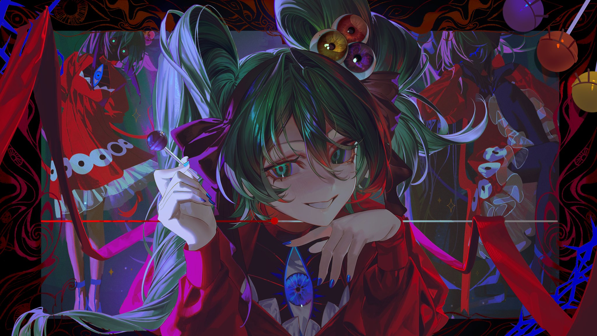 heikokuru1224, hatsune miku, psi (vocaloid), vocaloid, commentary, highres, 1girl, alternate costume, black border, border, candy, dress, eye print, eyeball hair ornament, face in shadow, food, green eyes, green hair, grin, hand on own chin, holding, holding candy, holding food, holding lollipop, leaning to the side, lollipop, long hair, long ribbon, long sleeves, looking at viewer, multiple views, outside border, print dress, red dress, red ribbon, ribbon, smile, twintails, uneven twintails, upper body