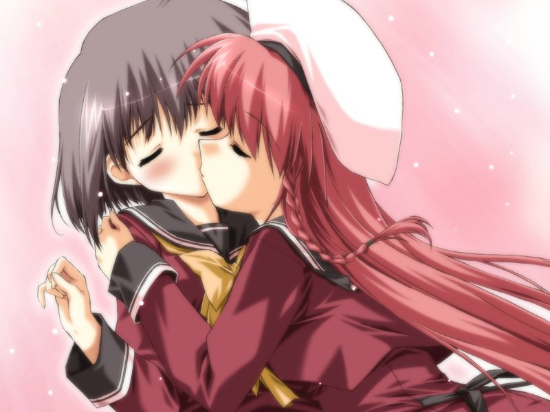 shintarou, kasugano haruna, tsubasa miu, boy meets girl, game cg, 2girls, black hair, blush, braid, closed eyes, grey hair, hat, hug, kiss, long hair, multiple girls, pink hair, red hair, school uniform, serafuku, short hair, side braid, yuri