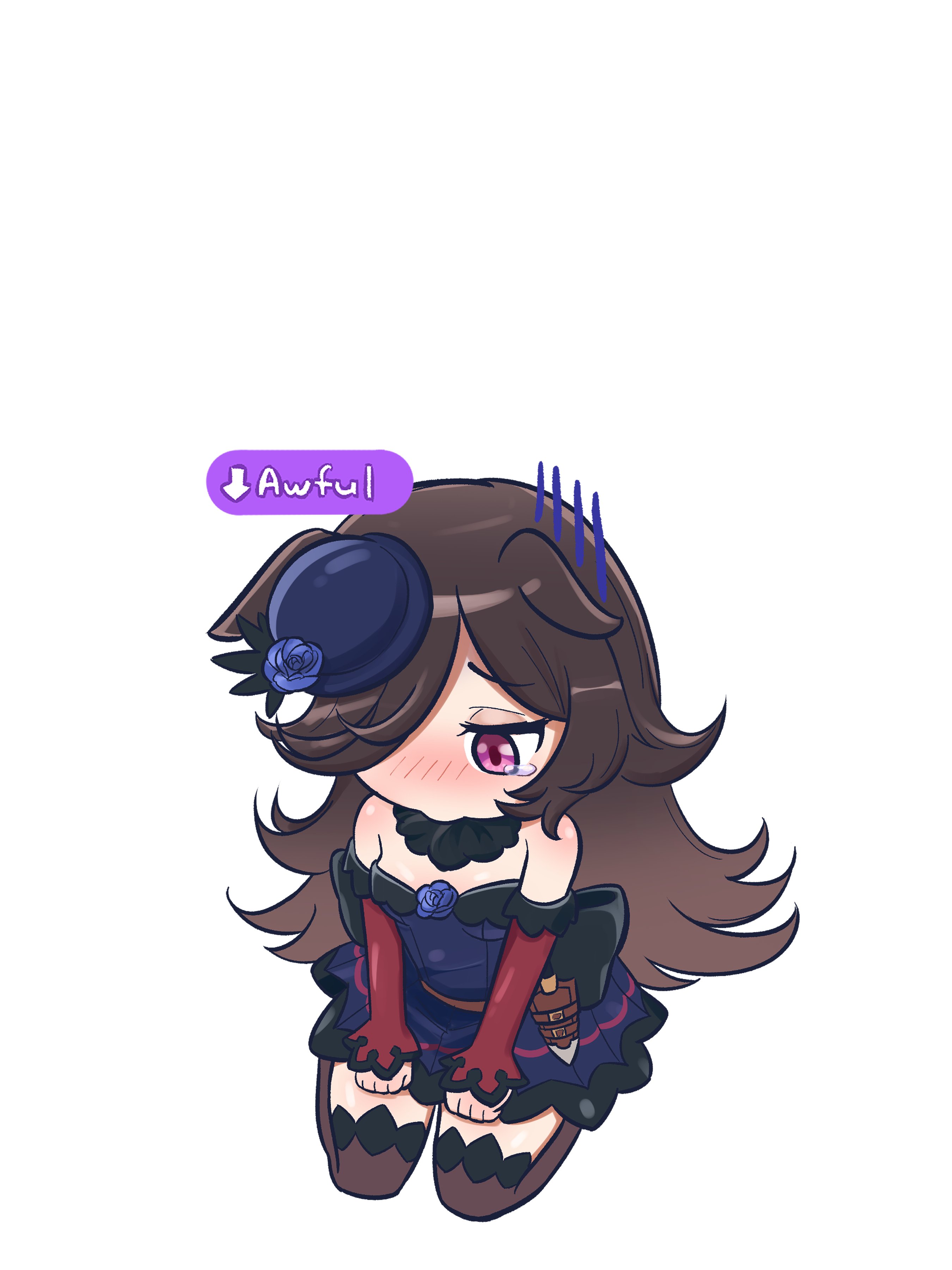 anthopod 01, rice shower (umamusume), umamusume, absurdres, highres, 1girl, animal ears, black thighhighs, blue flower, blue hat, blush, brown hair, closed mouth, dress, ears down, flower, from above, fur collar, gameplay mechanics, hair over one eye, hat, hat flower, horse ears, horse girl, long hair, mood (umamusume), off-shoulder dress, off shoulder, purple dress, red sleeves, seiza, sitting, solo, thighhighs