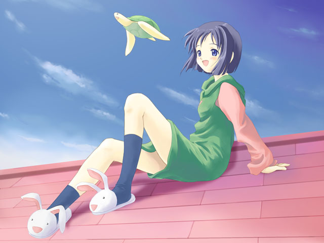 takano hayato, maehara shinobu, tama (love hina), love hina, 1girl, animal slippers, arm support, blue eyes, blue hair, bob cut, bunny slippers, cloud, day, dress, female focus, hood, hoodie, matching hair/eyes, open mouth, rooftop, short hair, sitting, sky, slippers, solo, turtle