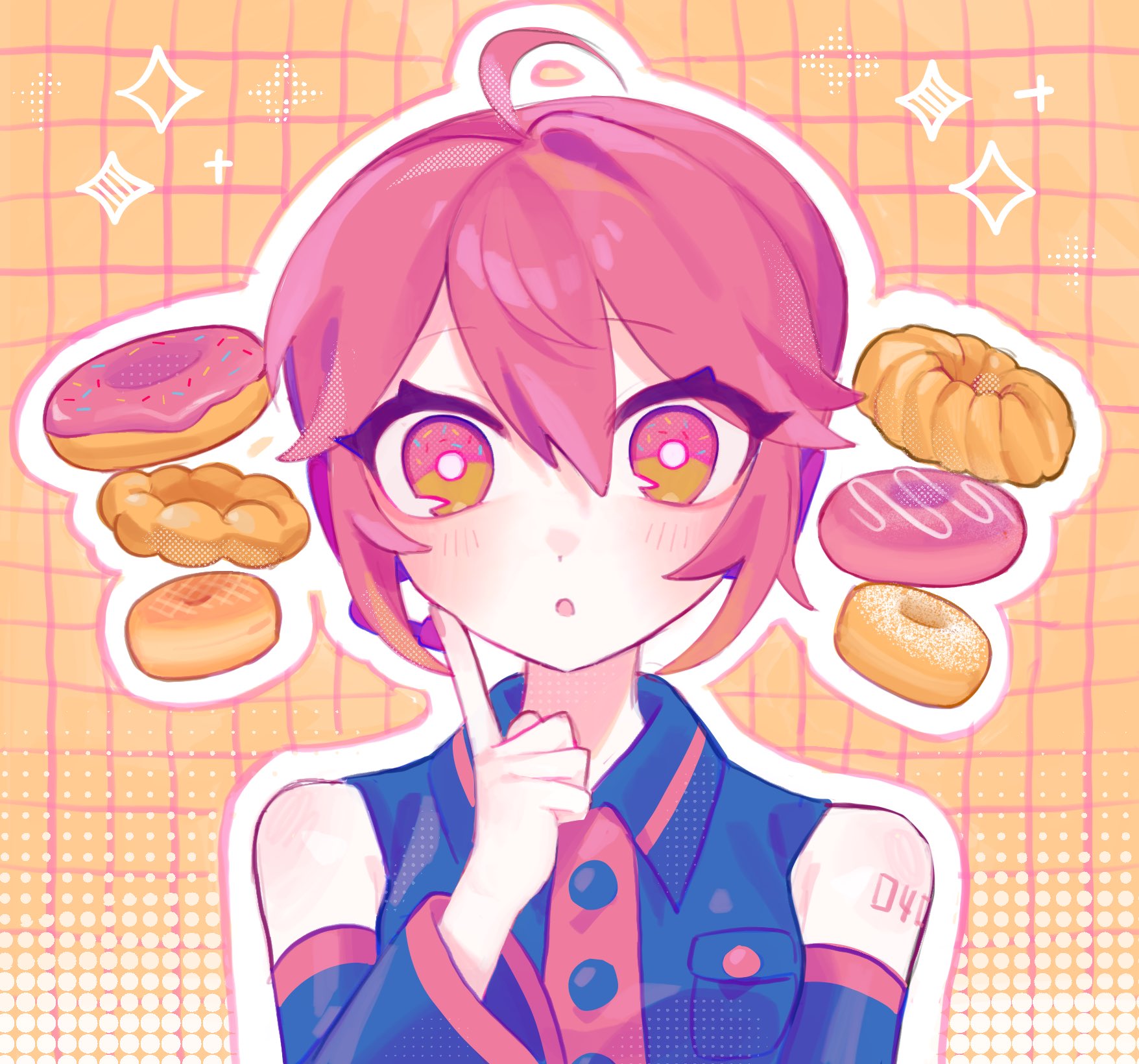 nupi (tpshye7d2k42552), kasane teto, utau, highres, 1girl, bare shoulders, donut, drill hair, finger to cheek, food, food-themed hair, hand up, looking at viewer, parted lips, red hair, shirt, sleeveless, sleeveless shirt, solo, twin drills
