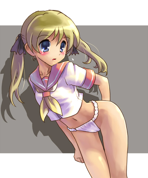 katahira masashi, original, 1girl, arm behind back, blonde hair, blue eyes, bow, cowboy shot, female focus, fundoshi, japanese clothes, letterboxed, navel, no pants, outside border, ribbon, school uniform, serafuku, short sleeves, sleeve cuffs, solo, twintails