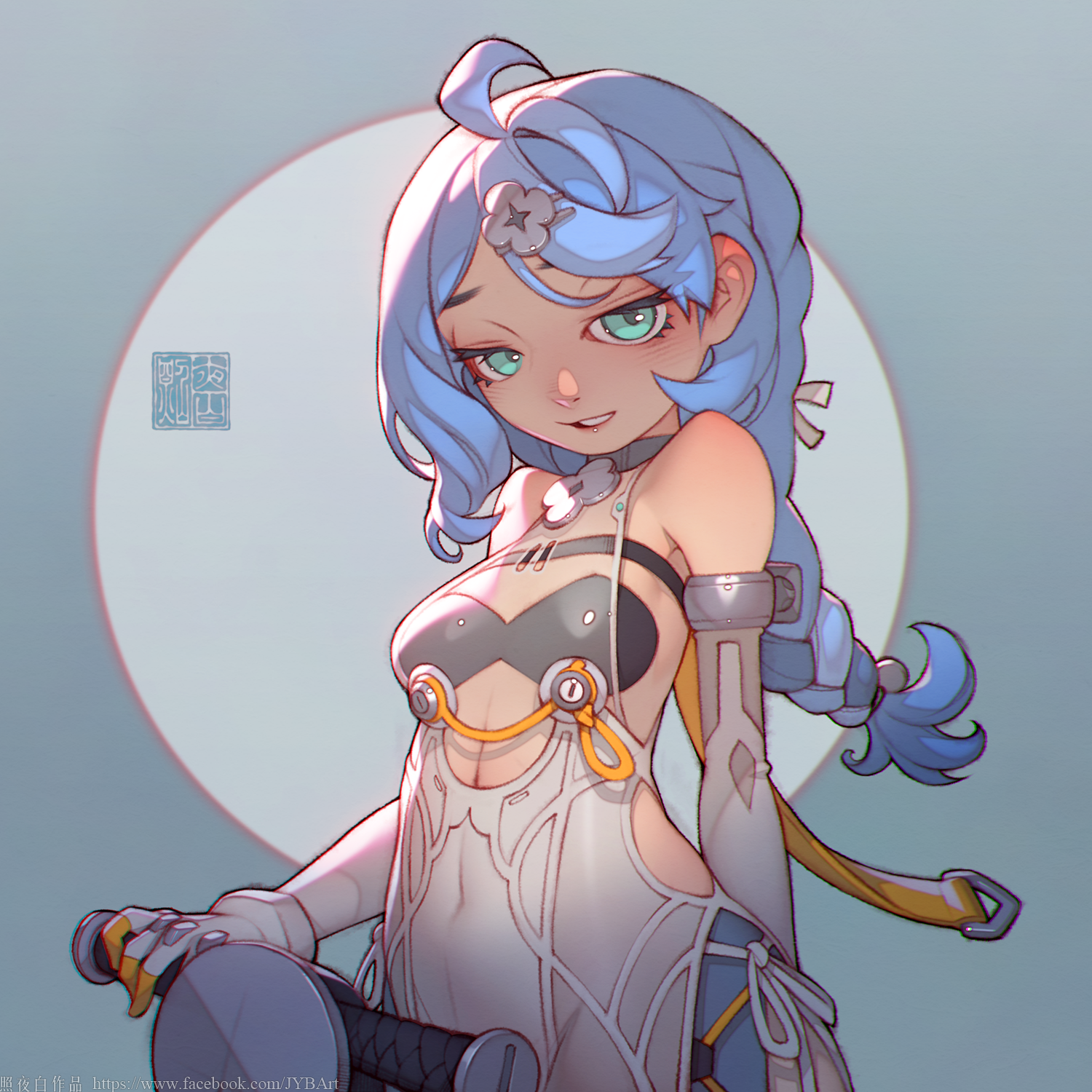 zhaoyebai, seed (zenless zone zero), zenless zone zero, highres, 1girl, bare shoulders, blue eyes, blue hair, blush, clothing cutout, covered navel, detached sleeves, flower hairpin, formal clothes, gloves, hair ornament, hairpin, light smile, looking at viewer, ponytail, see-through dress layer, segway, side cutout, solo, suit, teeth, thigh cutout, white gloves, white suit