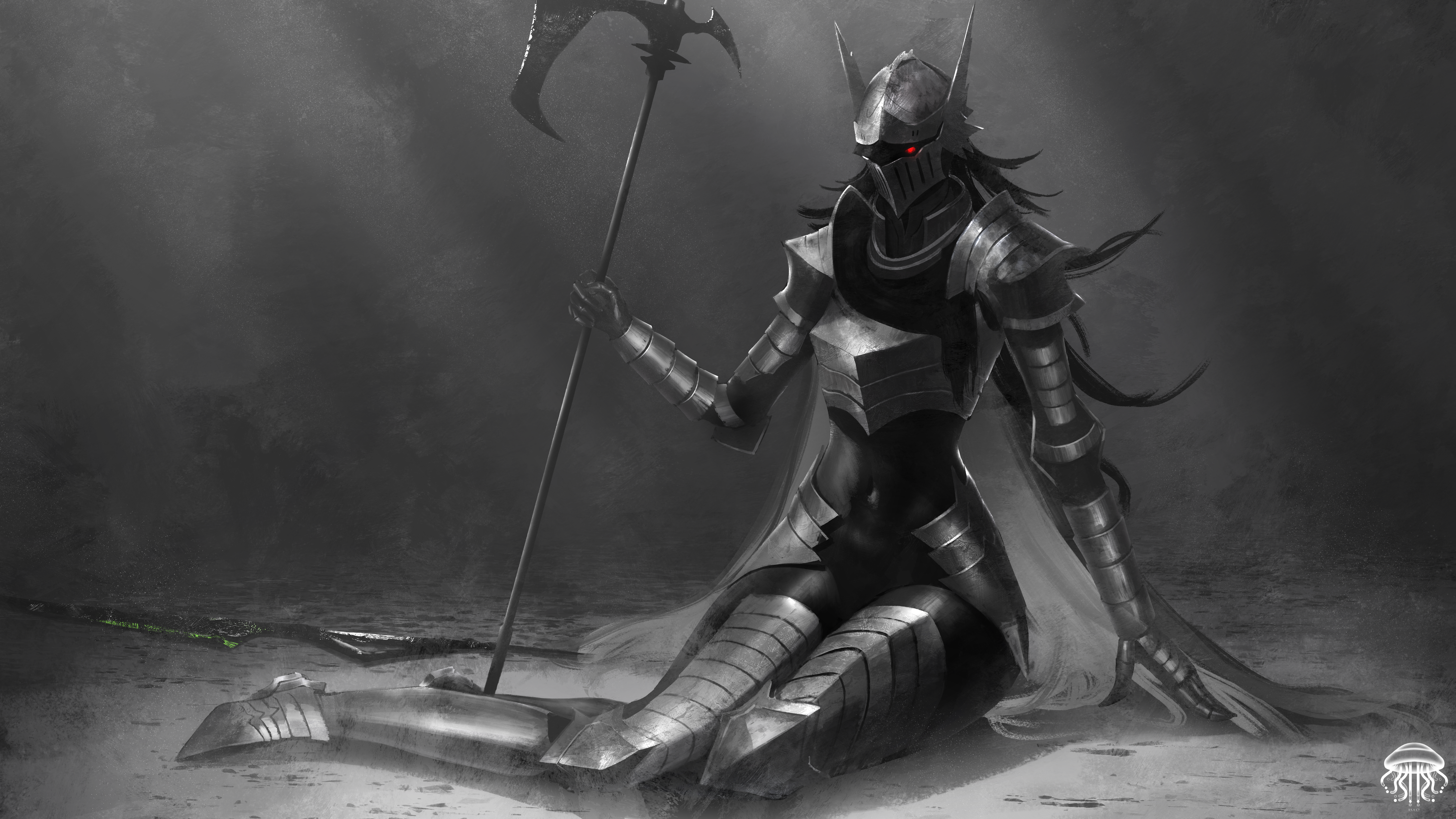 asaki (asaki vision), original, black bodystocking, absurdres, commentary, commission, english commentary, highres, skeb commission, 1girl, armor, black hair, bodystocking, breastplate, covered navel, gauntlets, glowing, glowing eyes, greaves, helm, helmet, holding, holding weapon, knight, long hair, pauldrons, red eyes, shoulder armor, sitting, solo, weapon