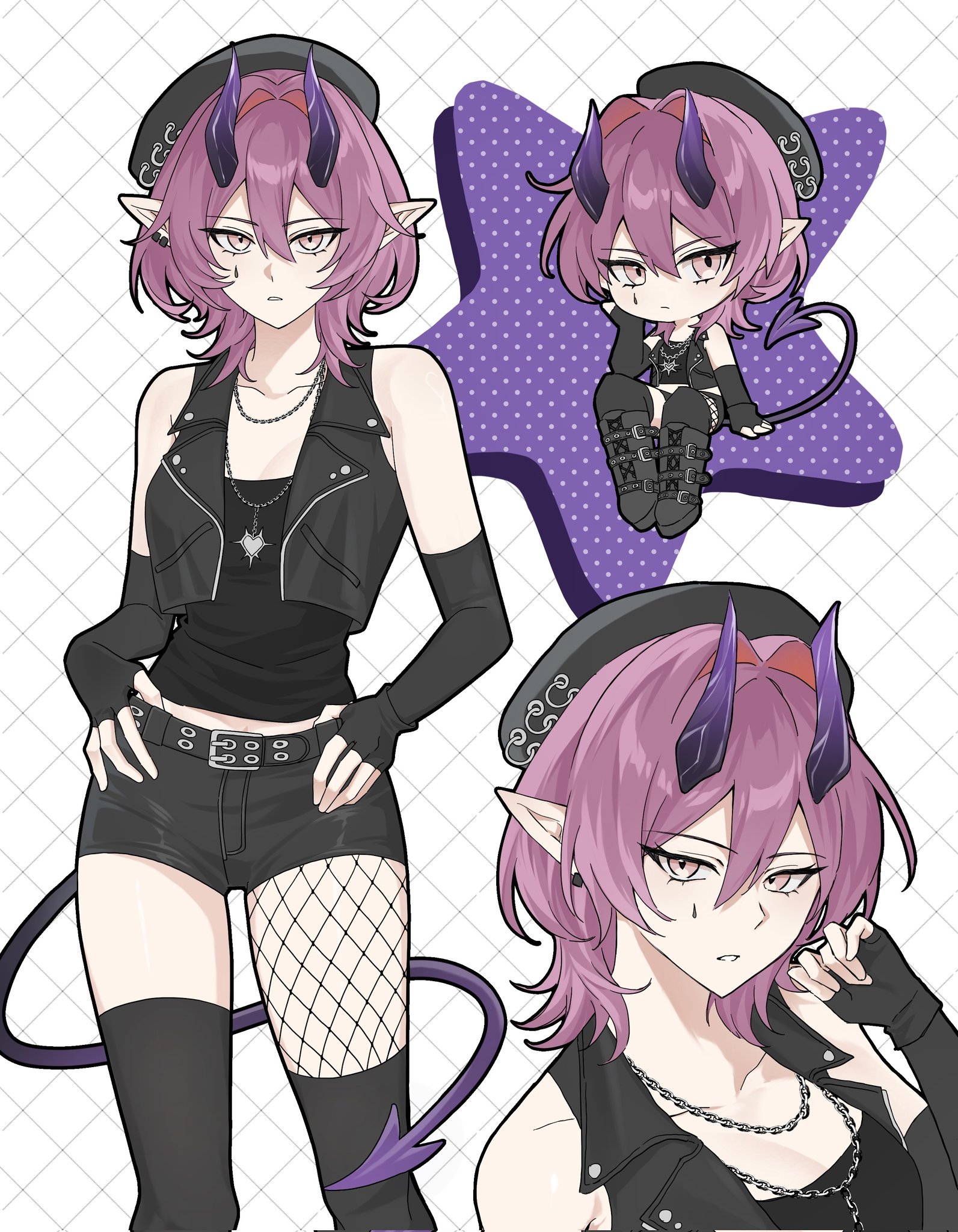amo20839453, ascalon (arknights), arknights, chinese commentary, commentary request, corrupted twitter file, highres, 1girl, asymmetrical legwear, bare shoulders, belt, belt buckle, beret, black belt, black gloves, black hat, black shorts, buckle, chain, chain necklace, chibi, closed mouth, crop top, cropped jacket, ear piercing, elbow gloves, fingerless gloves, fishnet pantyhose, fishnets, gloves, grid, grid background, hair between eyes, hair intakes, hands on own hips, hat, heart, jacket, jewelry, looking at viewer, multiple views, necklace, open clothes, open jacket, pantyhose, parted lips, piercing, pink eyes, pink hair, pointy ears, punk, purple tail, short hair, short shorts, shorts, single leg pantyhose, single thighhigh, sleeveless, sleeveless jacket, star (symbol), tail, teardrop facial mark, thighhighs, uneven legwear, white background