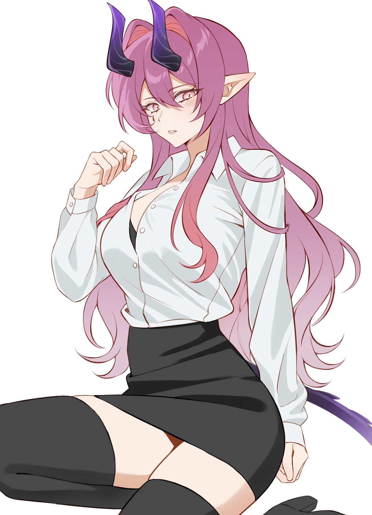 amo20839453, ascalon (arknights), arknights, commentary request, highres, 1girl, black skirt, black thighhighs, buttons, collared shirt, dress shirt, hair intakes, hand up, horns, light blush, long hair, long sleeves, looking at viewer, miniskirt, parted lips, partially unbuttoned, pencil skirt, pink eyes, pink hair, pointy ears, purple horns, shirt, shirt tucked in, simple background, skirt, solo, teardrop facial mark, thighhighs, white background, white shirt