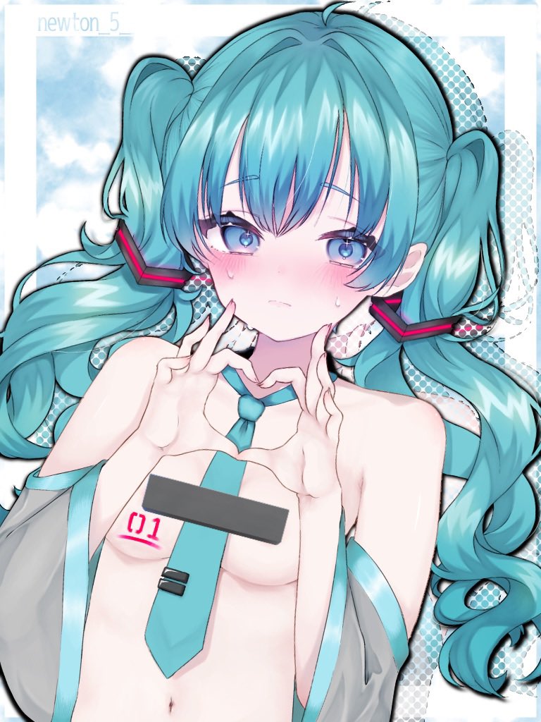 ningoro r, hatsune miku, vocaloid, commentary request, 1girl, ahoge, bar censor, bare shoulders, black outline, blue eyes, blush, border, breasts, censored, closed mouth, detached sleeves, drop shadow, dutch angle, embarrassed, four-finger heart hands, frown, green hair, green necktie, hair between eyes, hair intakes, hair ribbon, heart, heart hands, long hair, long sleeves, looking at viewer, medium breasts, necktie, no bra, nude, outline, outside border, ribbon, sidelocks, solo, sweat, sweatdrop, twintails, twitter username, upper body, white border, wide sleeves