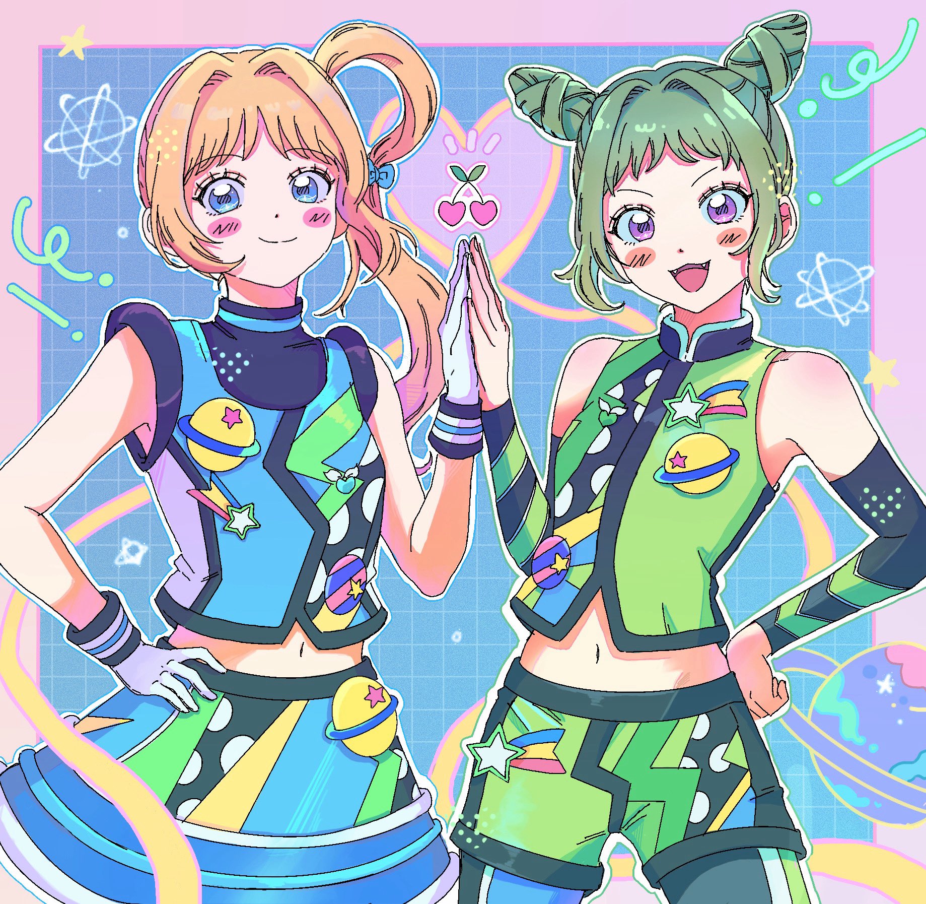 ku (kuooss), fukuhara ann, morizono wakana, pretty rhythm, pretty rhythm rainbow live, pretty series, highres, 2girls, blonde hair, blue bow, blue eyes, blue shirt, blue skirt, blush, bow, cherry, closed mouth, cone hair bun, cowboy shot, detached sleeves, double bun, fangs, food, fruit, gloves, green hair, green shirt, green shorts, hair bow, hair bun, hair intakes, hand on own hip, hand to hand, hand up, heart, high collar, idol, idol clothes, long hair, looking at viewer, mandarin collar, midriff, multiple girls, navel, open mouth, outline, pantyhose, pantyhose under shorts, planet, planetary ring, purple eyes, shirt, short hair, shorts, side ponytail, skirt, sleeveless, sleeveless shirt, smile, standing, star (symbol), white gloves, white outline