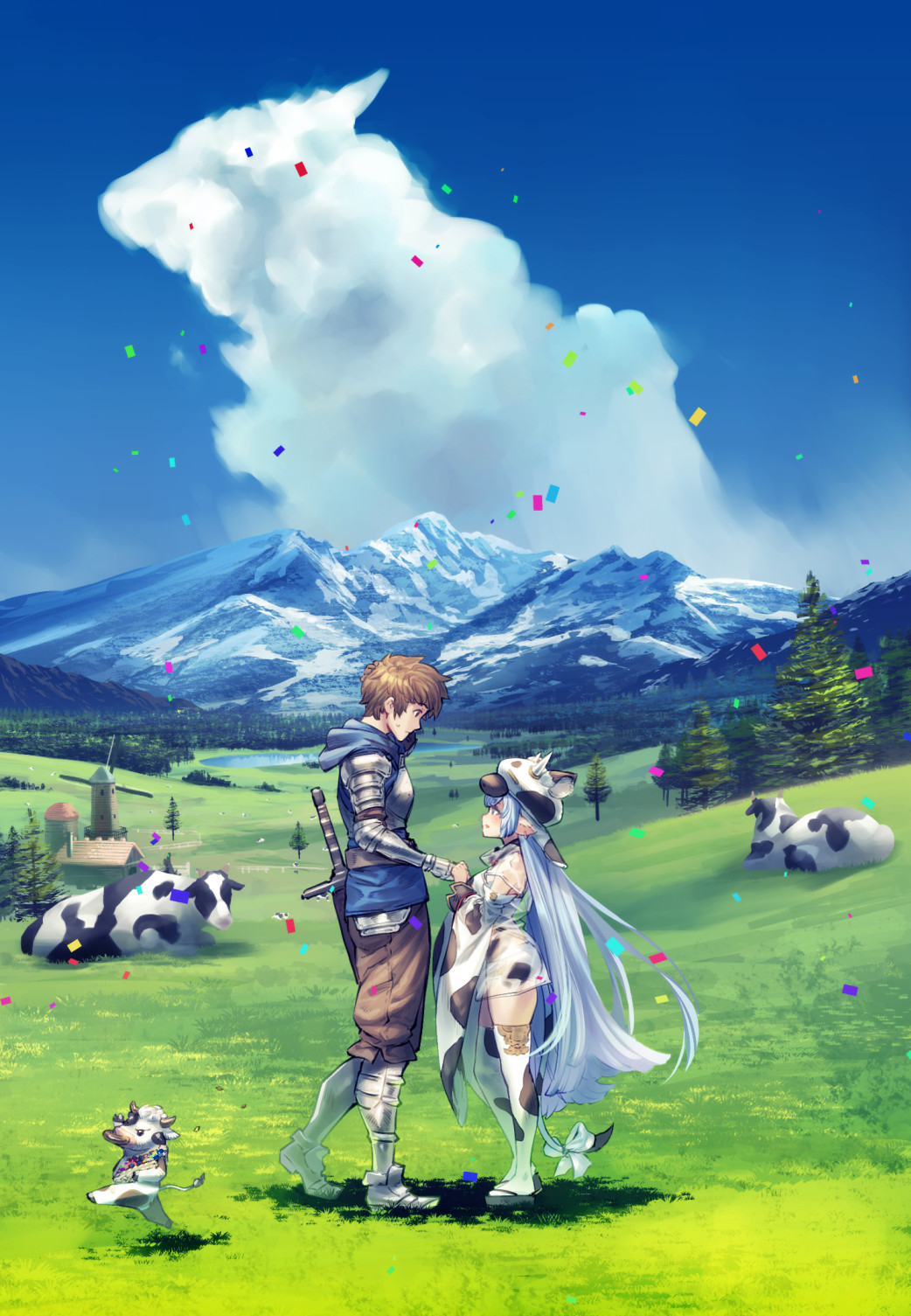 shimotsuki eight, catura (granblue fantasy), gran (granblue fantasy), granblue fantasy, highres, 1boy, 1girl, blue hair, blue sky, brown hair, cloud, confetti, cow, cow hat, day, draph, forest, full body, hood, hoodie, horns, lake, long hair, mountainous horizon, nature, outdoors, sky, standing, sword, tail, thighhighs, very long hair, weapon, wide sleeves, windmill