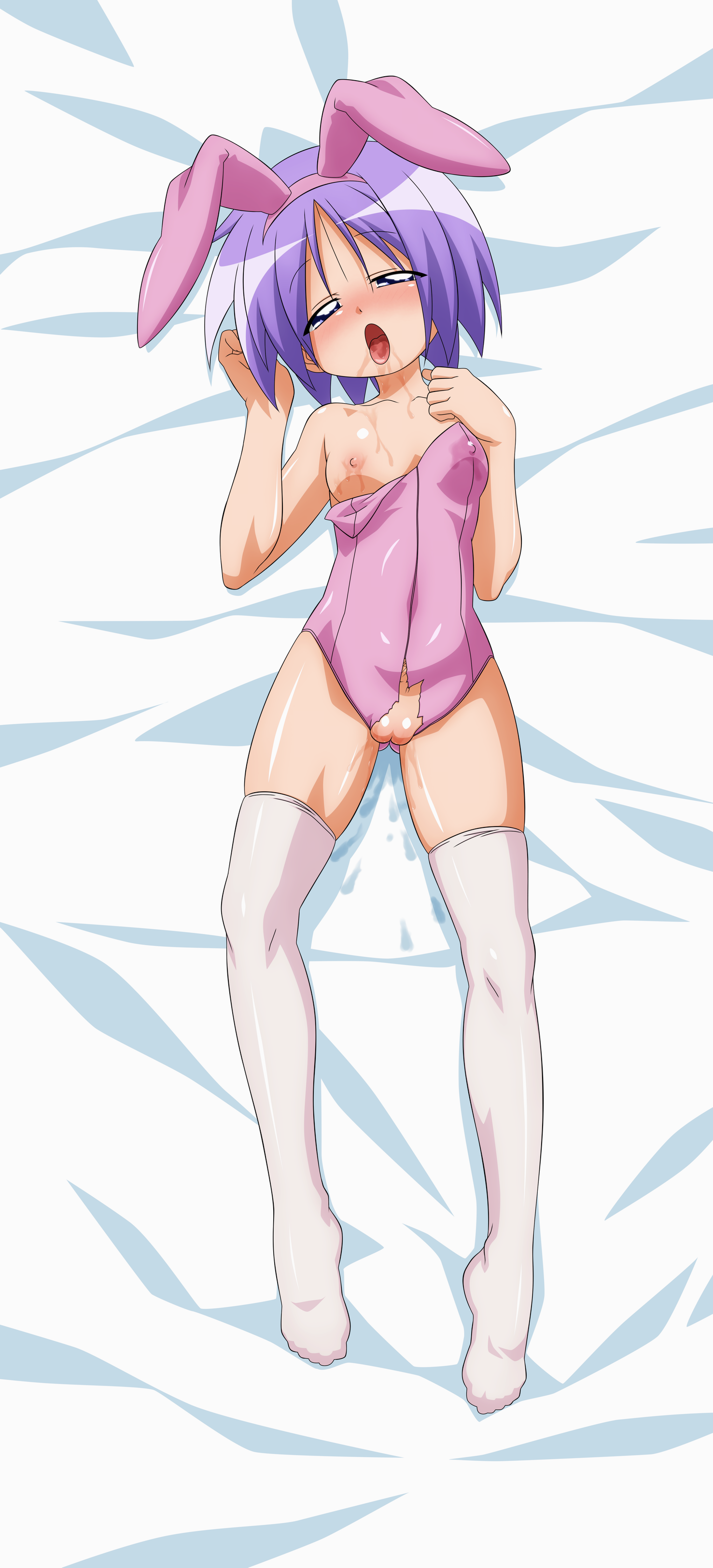 hiiragi tsukasa, lucky star, absurdres, artist request, highres, tagme, 00s, 1girl, breasts, dakimakura (medium), female focus, lying, playboy bunny, pussy, pussy juice, solo, uncensored