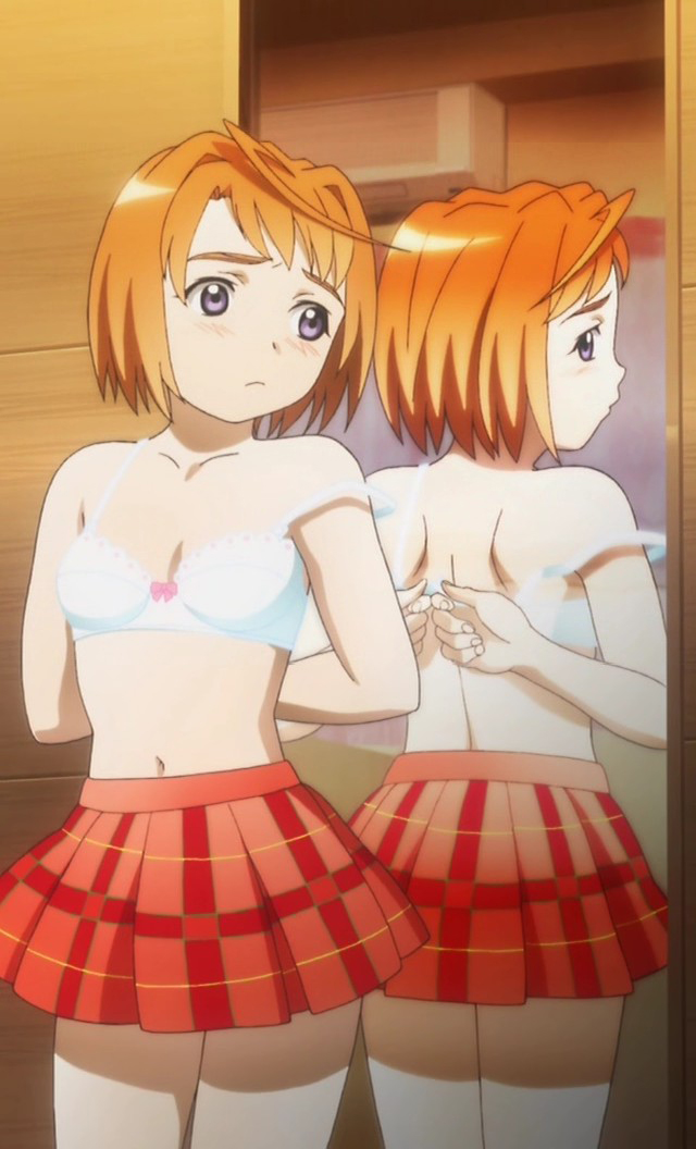 tokiha mai, my-hime, anime screenshot, 00s, aged down, bra, lingerie, mirror, orange hair, purple eyes, reflection, short hair, skirt, solo, underwear