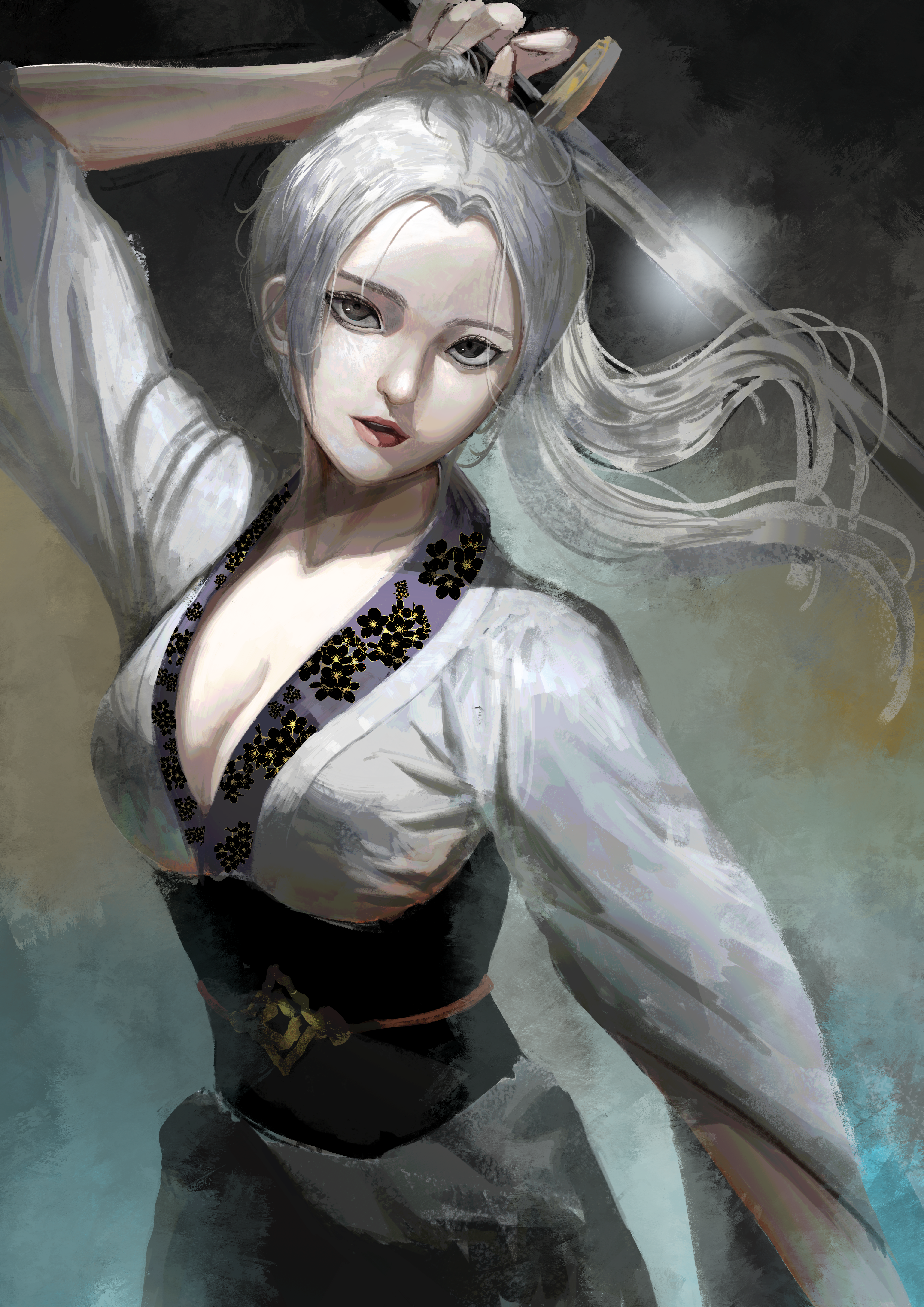 asaki (asaki vision), original, absurdres, commentary, english commentary, highres, 1girl, breasts, cleavage, floating hair, grey eyes, holding, holding sword, holding weapon, large breasts, long hair, pink lips, solo, sword, weapon, white hair