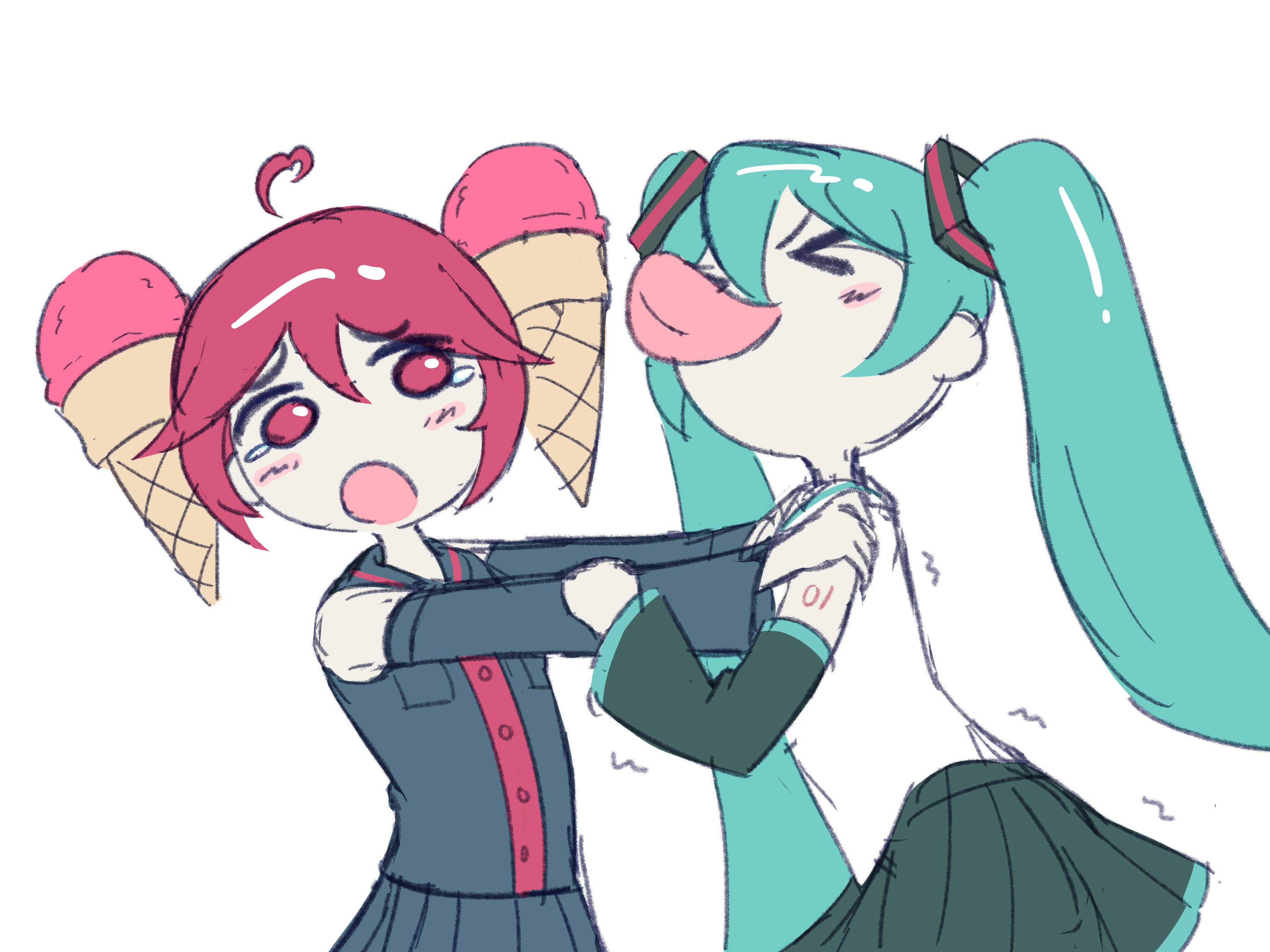 anthopod 01, hatsune miku, kasane teto, utau, vocaloid, absurdres, commentary, english commentary, highres, > <, 2girls, ahoge, aqua hair, black shirt, black skirt, blush, food-themed hair, green skirt, green sleeves, hair between eyes, hand on another's arm, hands on another's shoulders, long hair, multiple girls, number tattoo, open mouth, red eyes, red hair, shirt, shoulder tattoo, simple background, skirt, tattoo, tongue, tongue out, twintails, white background, white shirt
