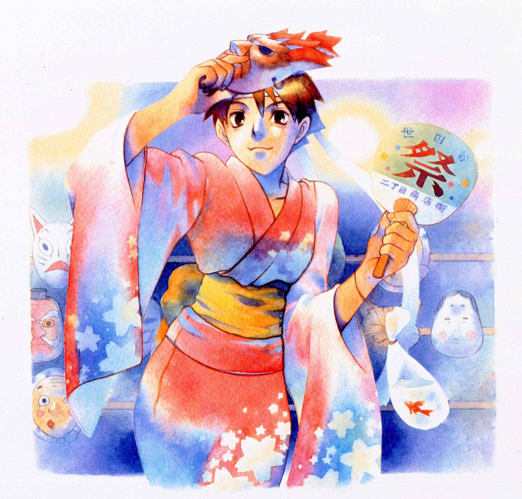 bengus, kasugano sakura, street fighter, street fighter zero (series), game cg, highres, non-web source, official art, 1girl, bag, bagged fish, brown eyes, brown hair, fish, hand fan, headband, japanese clothes, kimono, looking at viewer, mask, obi, paper fan, sash, uchiwa, white headband