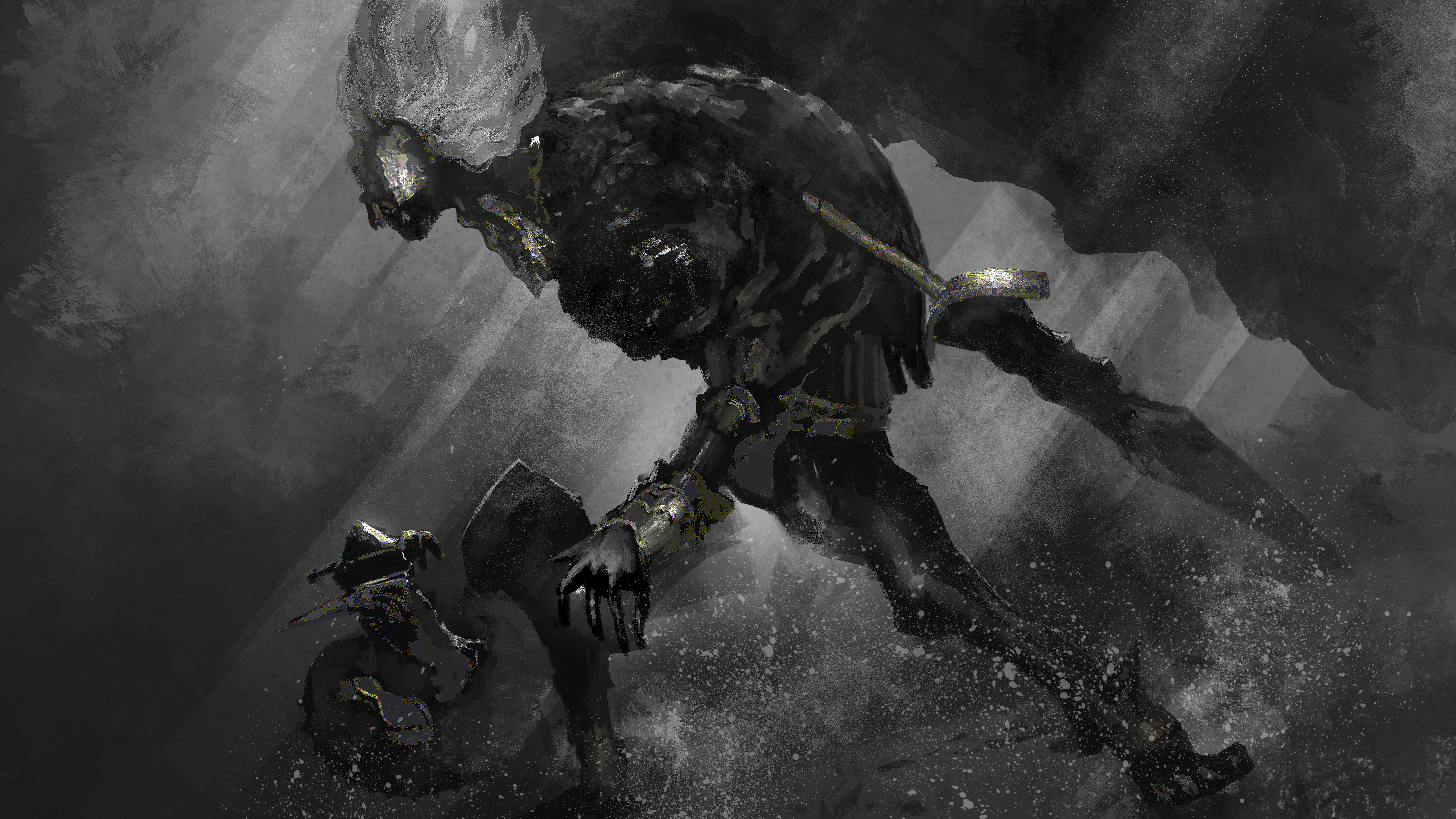 asaki (asaki vision), elden ring, absurdres, commentary request, highres, 1other, axe, black background, black skin, colored skin, greatsword, holding, holding axe, holding weapon, oversized wings, standing, sword, valiant gargoyle (elden ring), weapon, white hair, wings