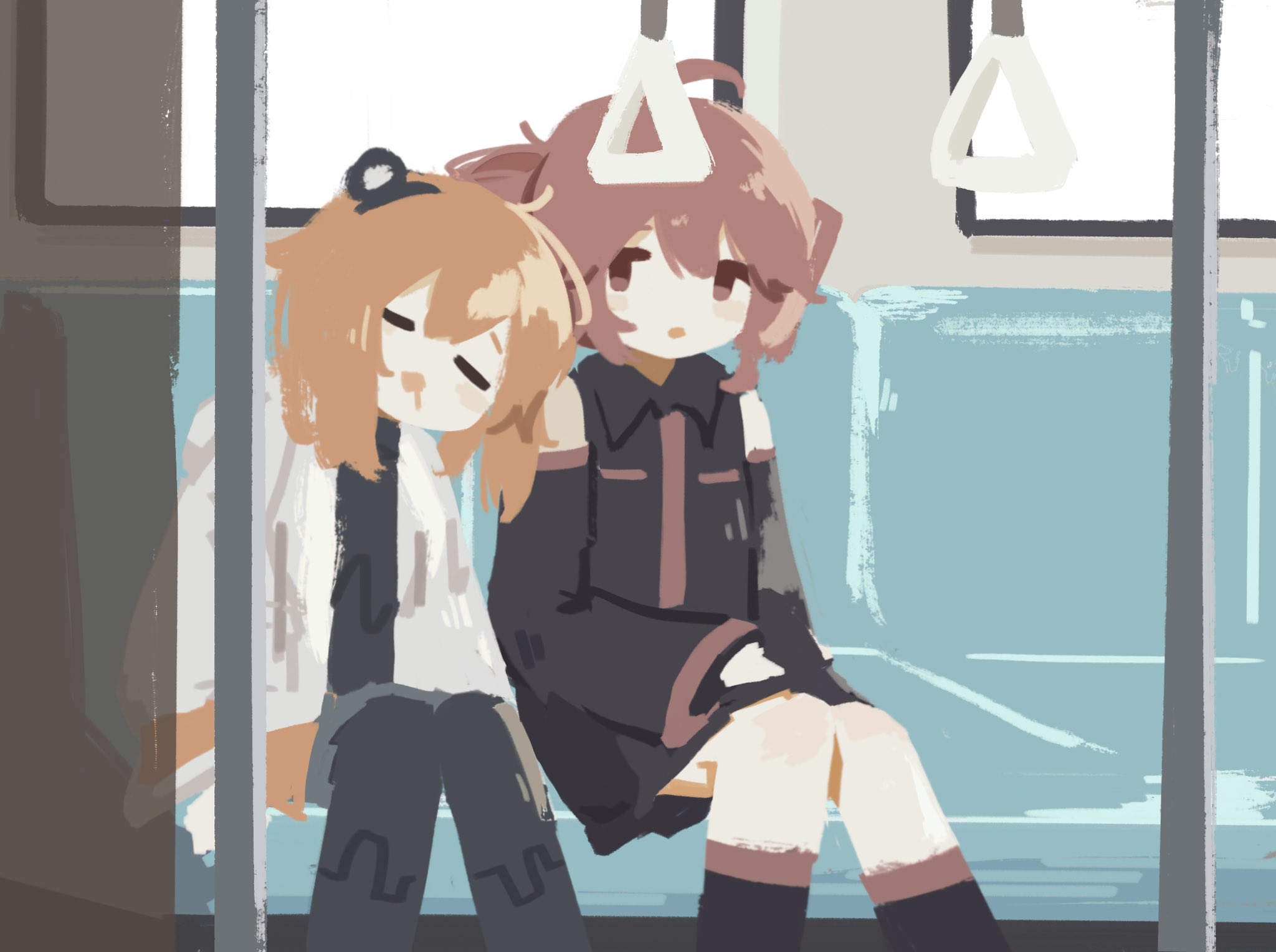 nao (nao 62 ), adachi rei, kasane teto, kasane teto (utau), a.i. voice, utau, highres, 2girls, :3, ahoge, black pantyhose, black shirt, black skirt, blush stickers, closed eyes, collared shirt, day, detached sleeves, drill hair, drooling, feet out of frame, hand grip, headlamp, jacket, kneehighs, long sleeves, looking at another, medium hair, mouth drool, multiple girls, open clothes, open jacket, open mouth, orange hair, pantyhose, red eyes, red hair, shirt, side-by-side, sitting, skirt, sleeping, sleeping upright, sleeveless, sleeveless shirt, socks, train interior, twin drills, white jacket